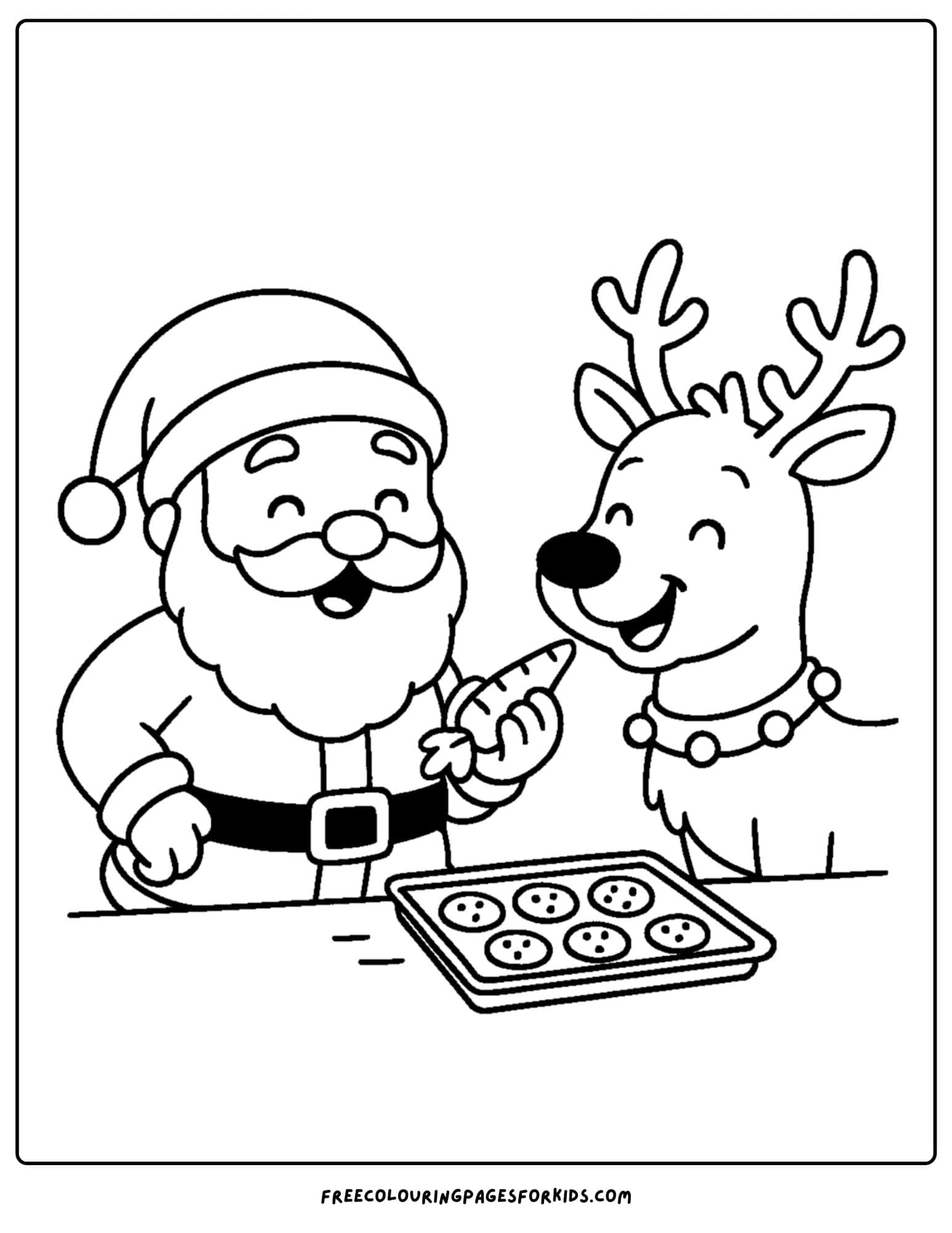a santa coloring page featuring santa feeding a carrot to a reindeer