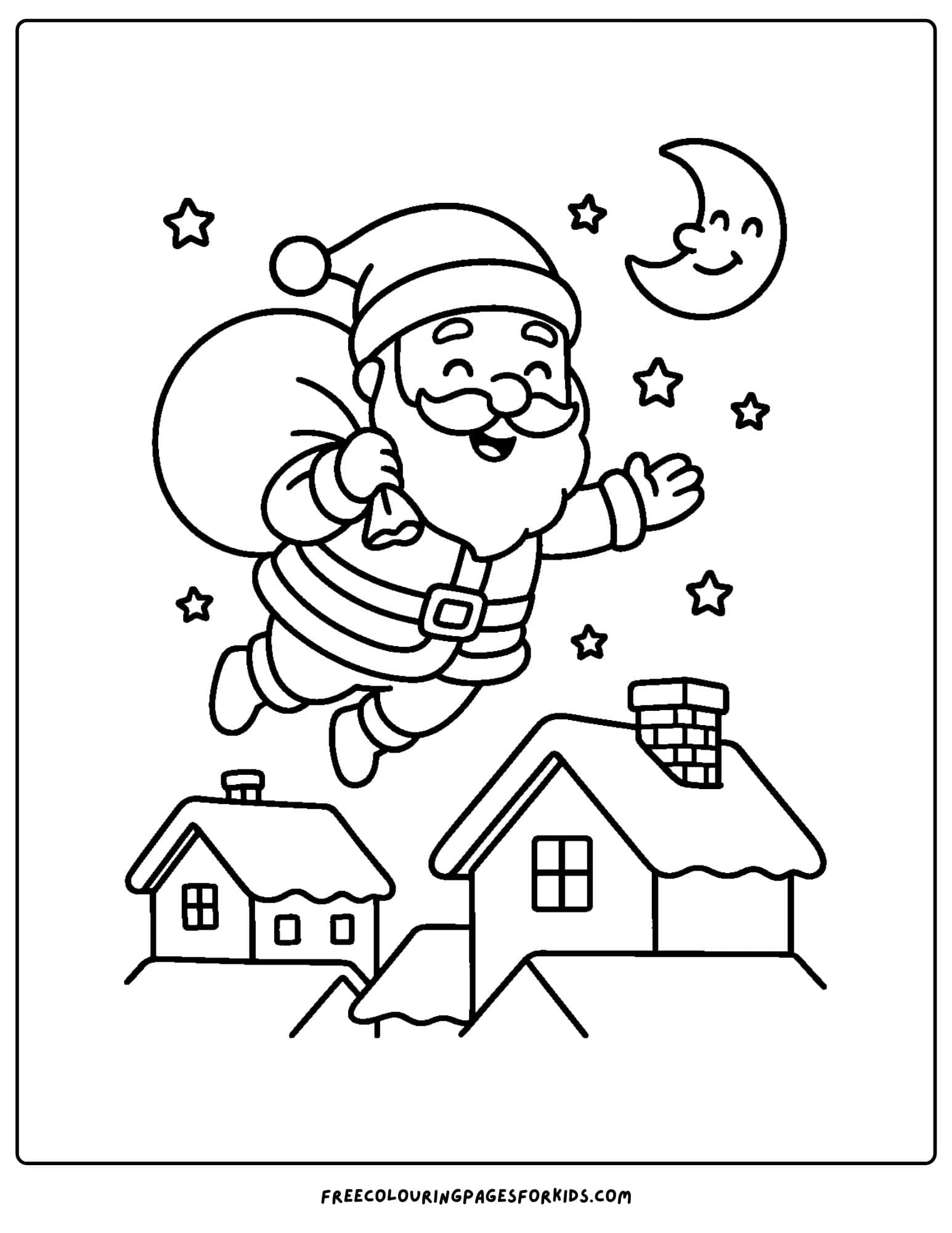a santa coloring page featuring santa flying over rooftops