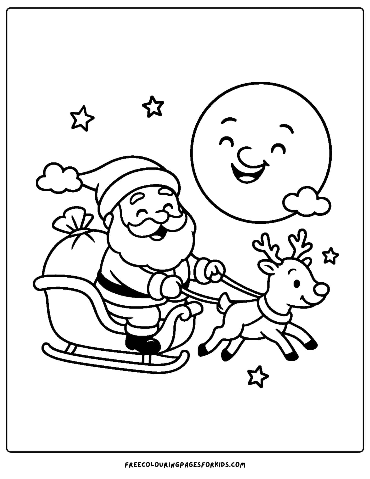 a santa coloring page featuring santa flying past the moon