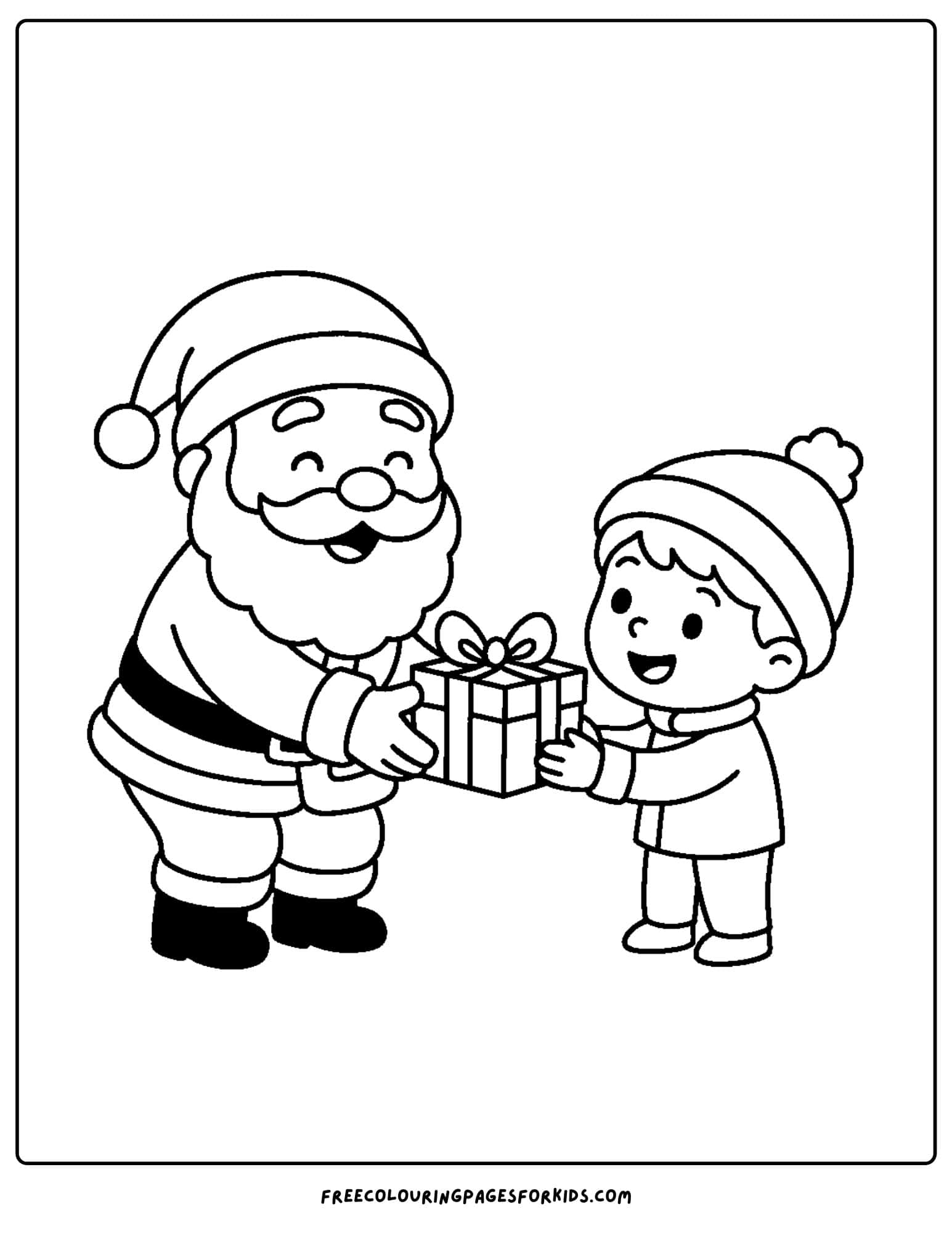 a santa coloring page featuring santa giving a gift to a child
