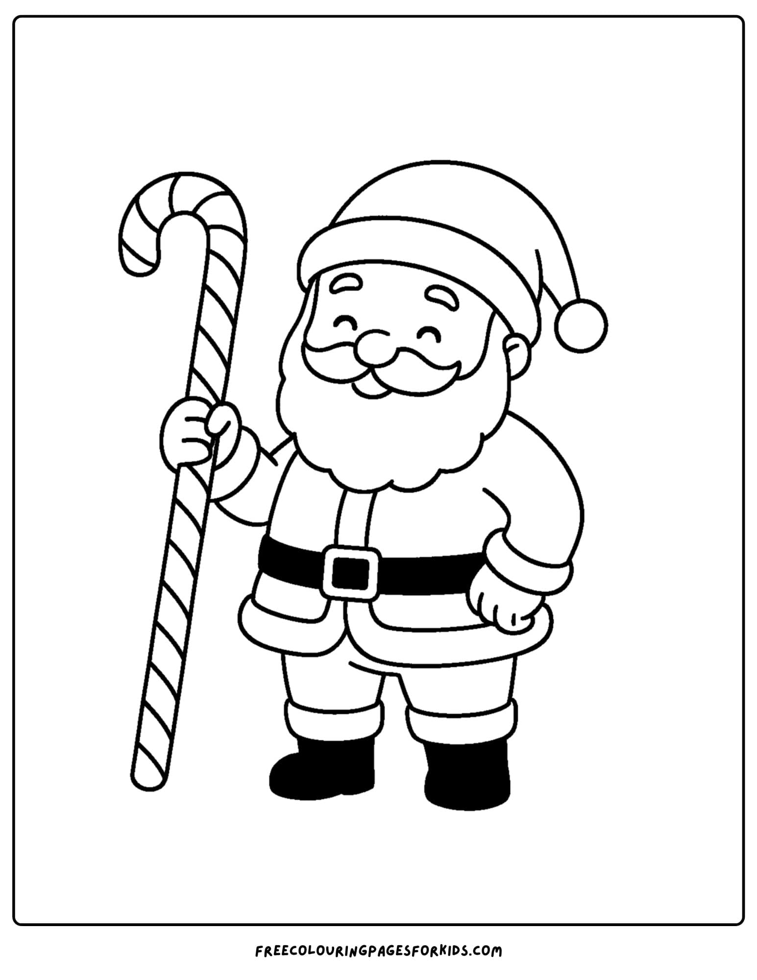 a santa coloring page featuring santa holding a candy cane