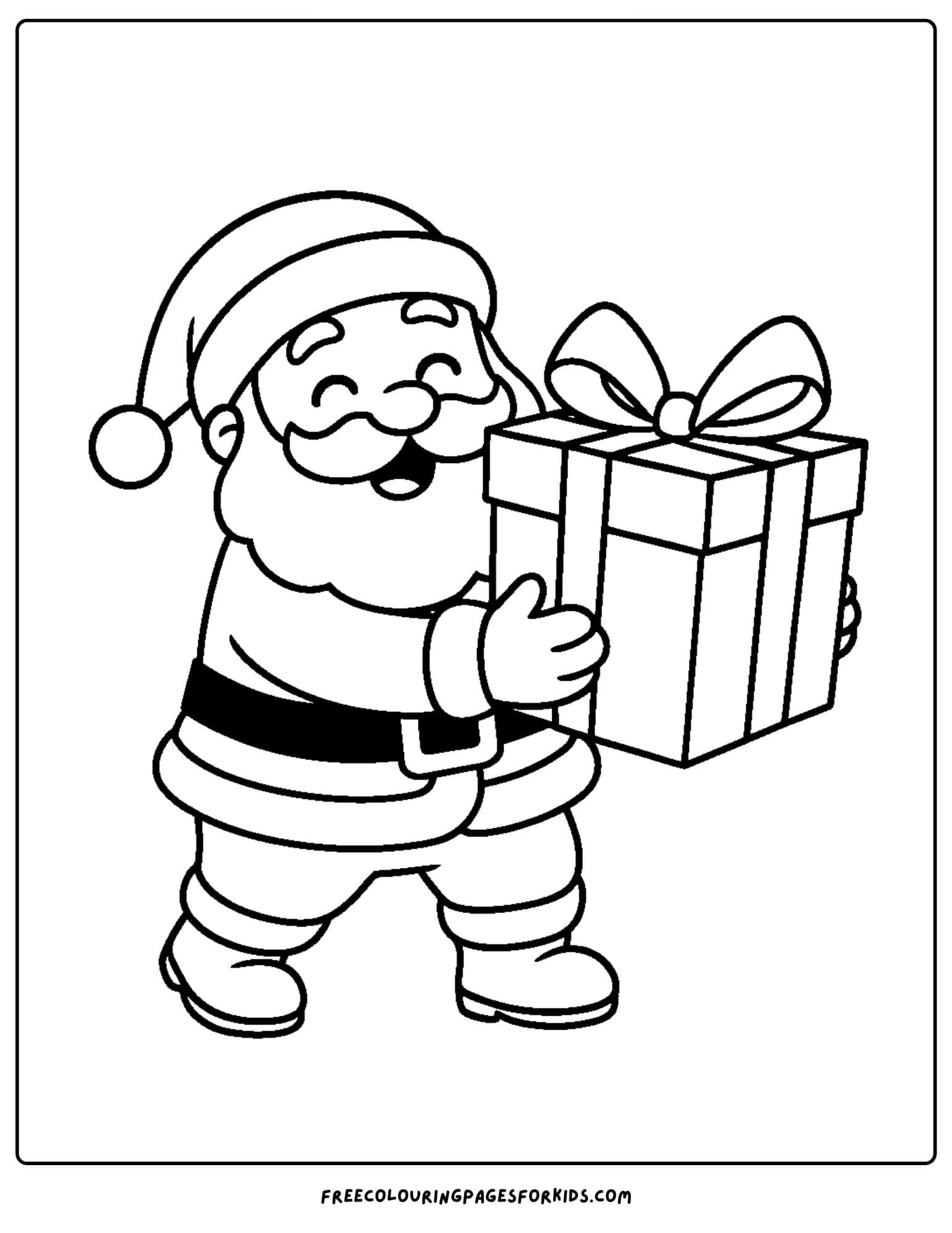 a santa coloring page featuring santa holding a giant present