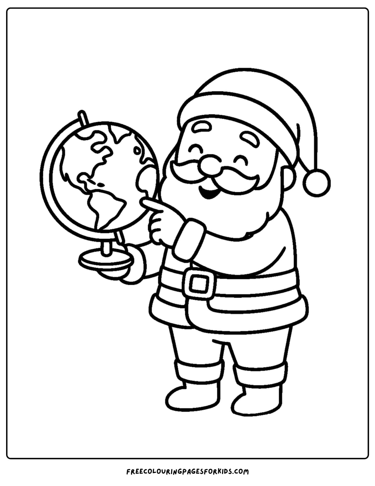 a santa coloring page featuring santa holding a world globe