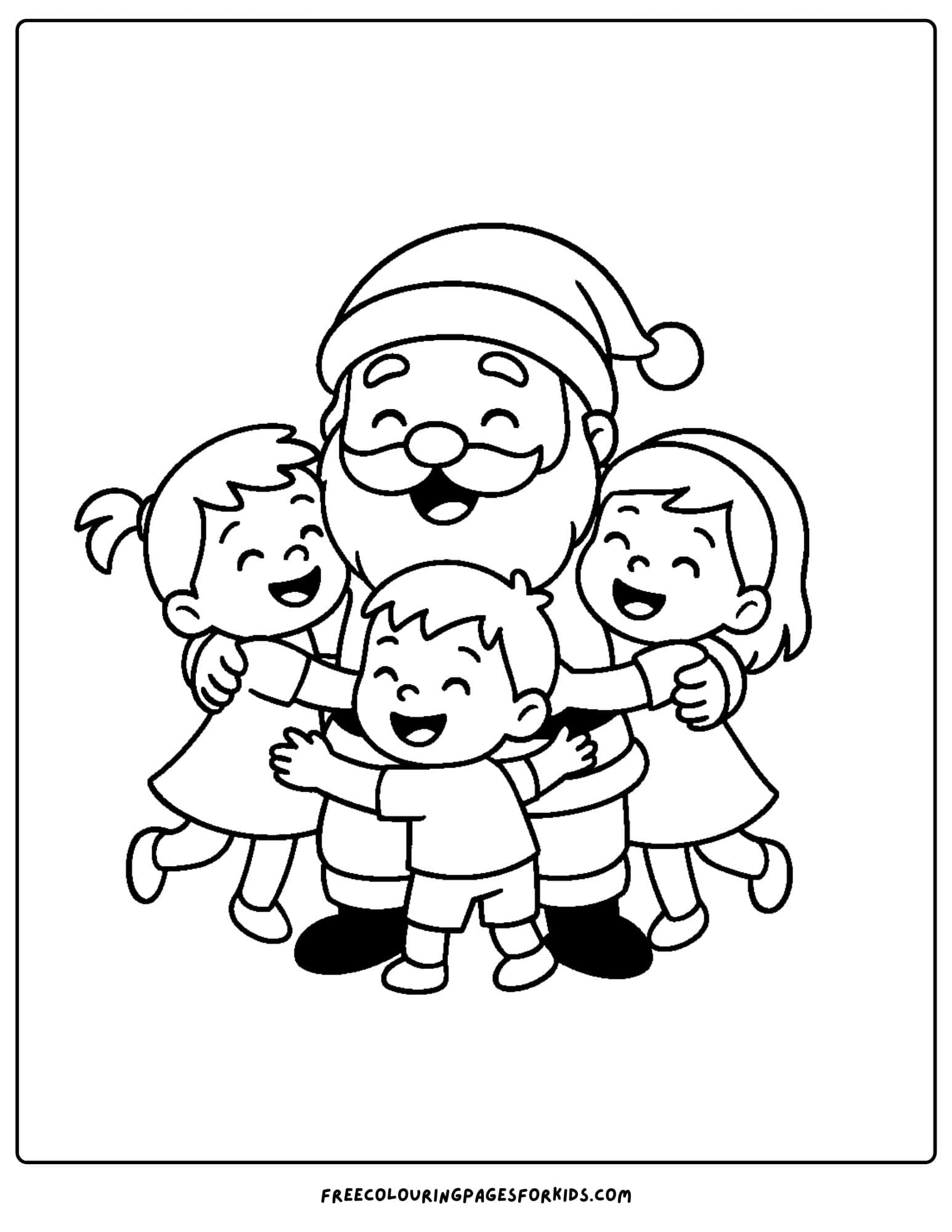 a santa coloring page featuring santa hugging some children