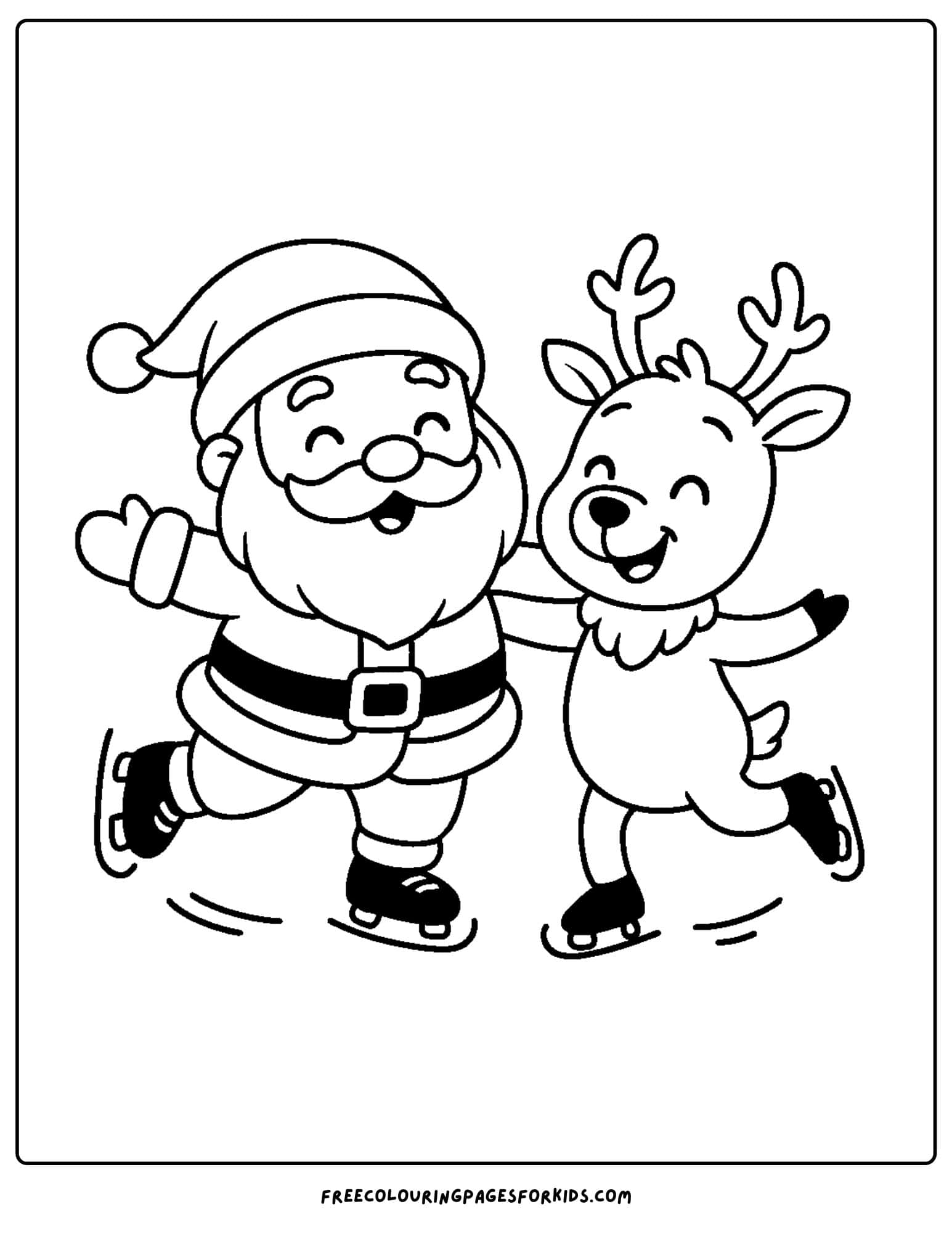 a santa coloring page featuring santa ice skating with a reindeer