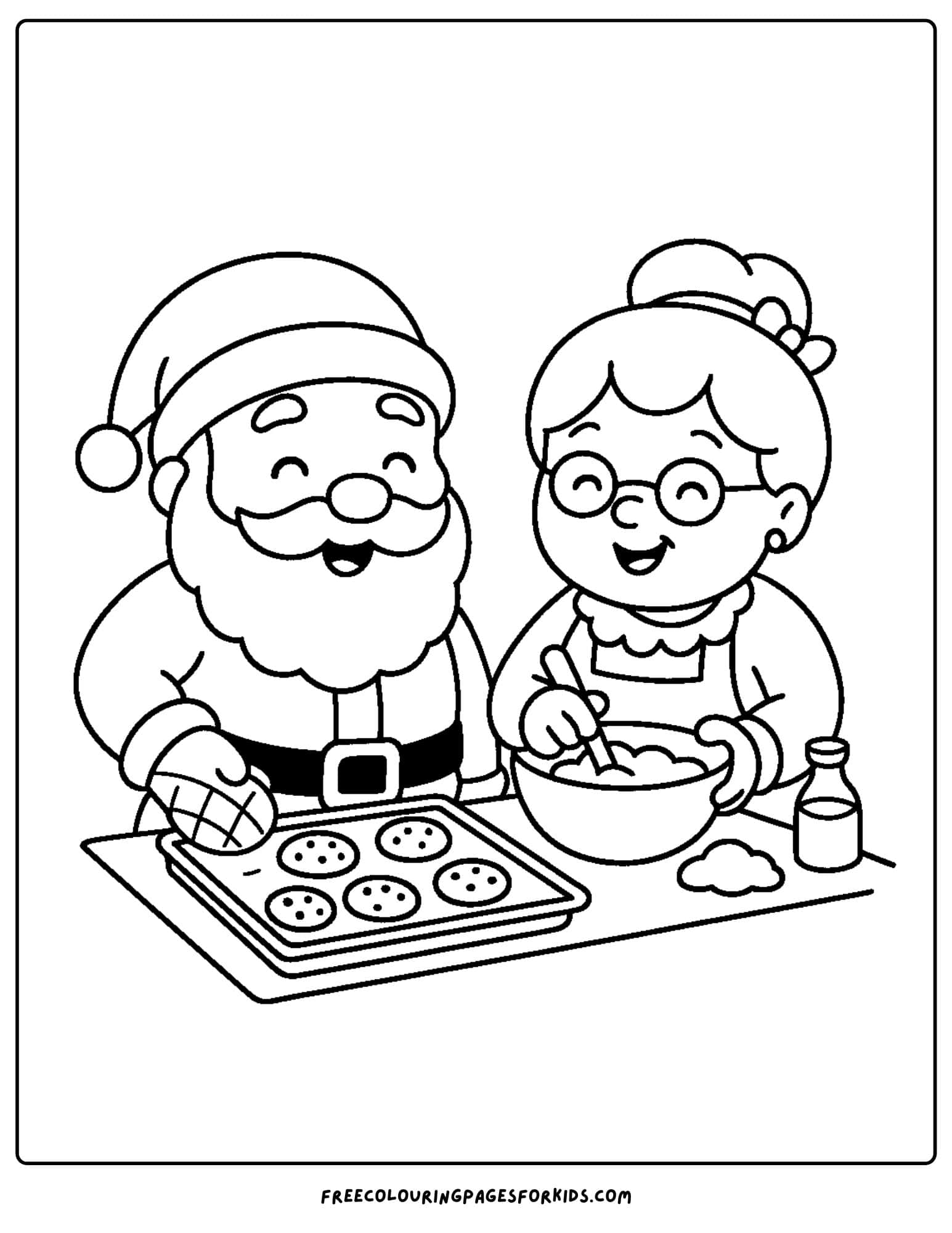 a santa coloring page featuring santa and mrs claus baking cookies