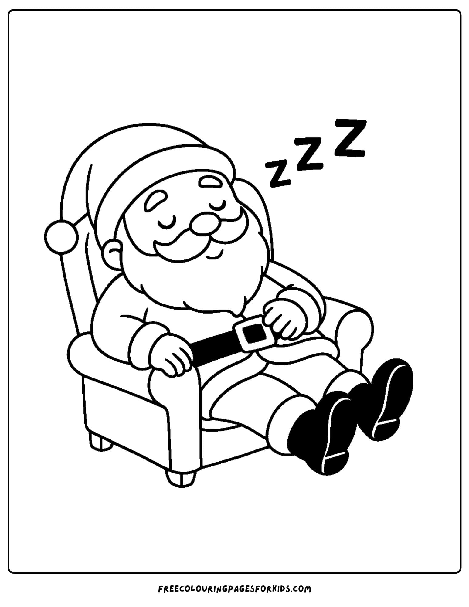 a santa coloring page featuring santa sleeping in a chair