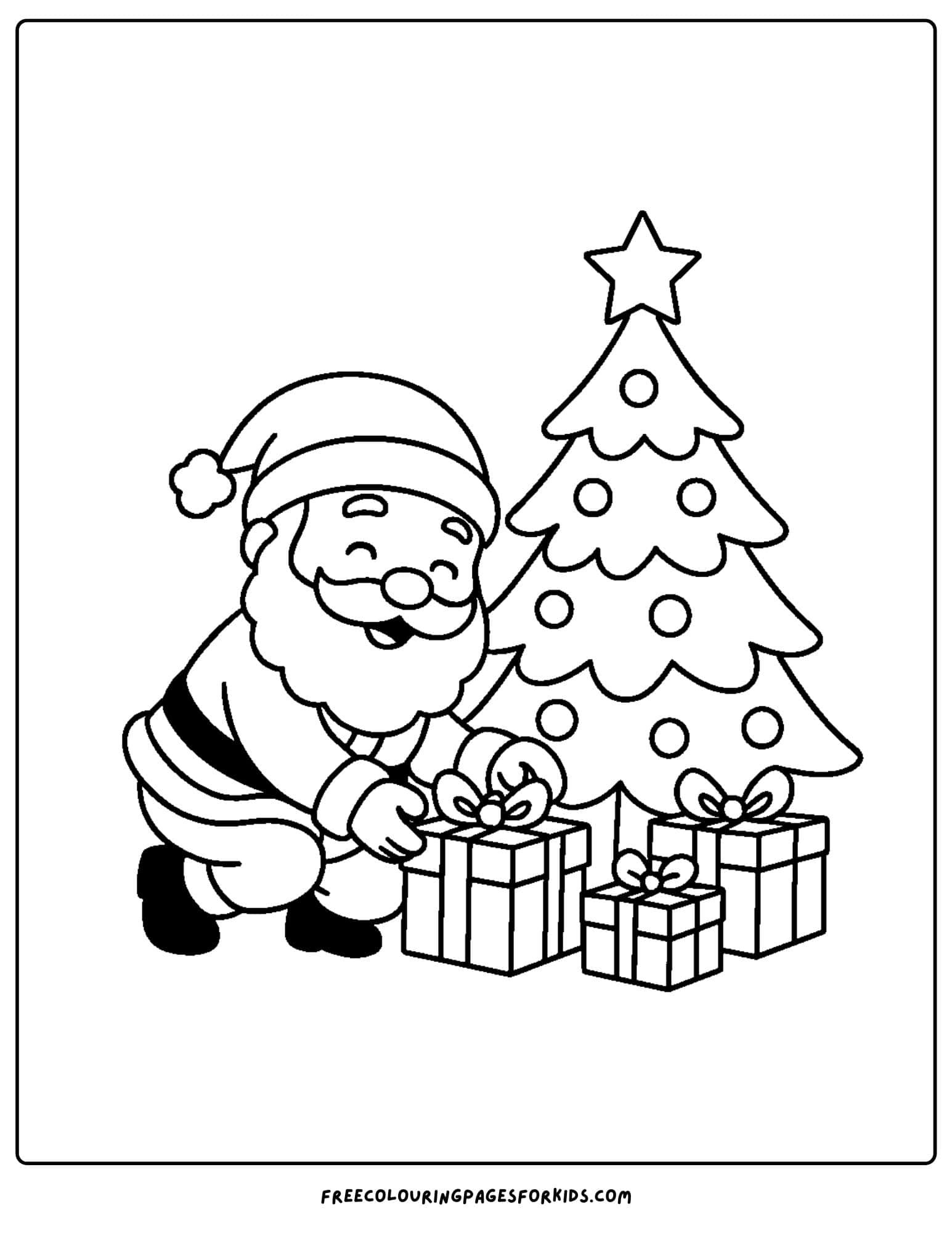 a santa coloring page featuring santa putting presents under the tree