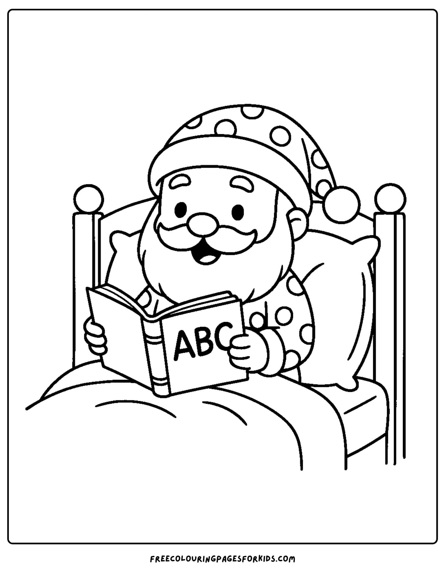 a santa coloring page featuring santa reading a book in bed