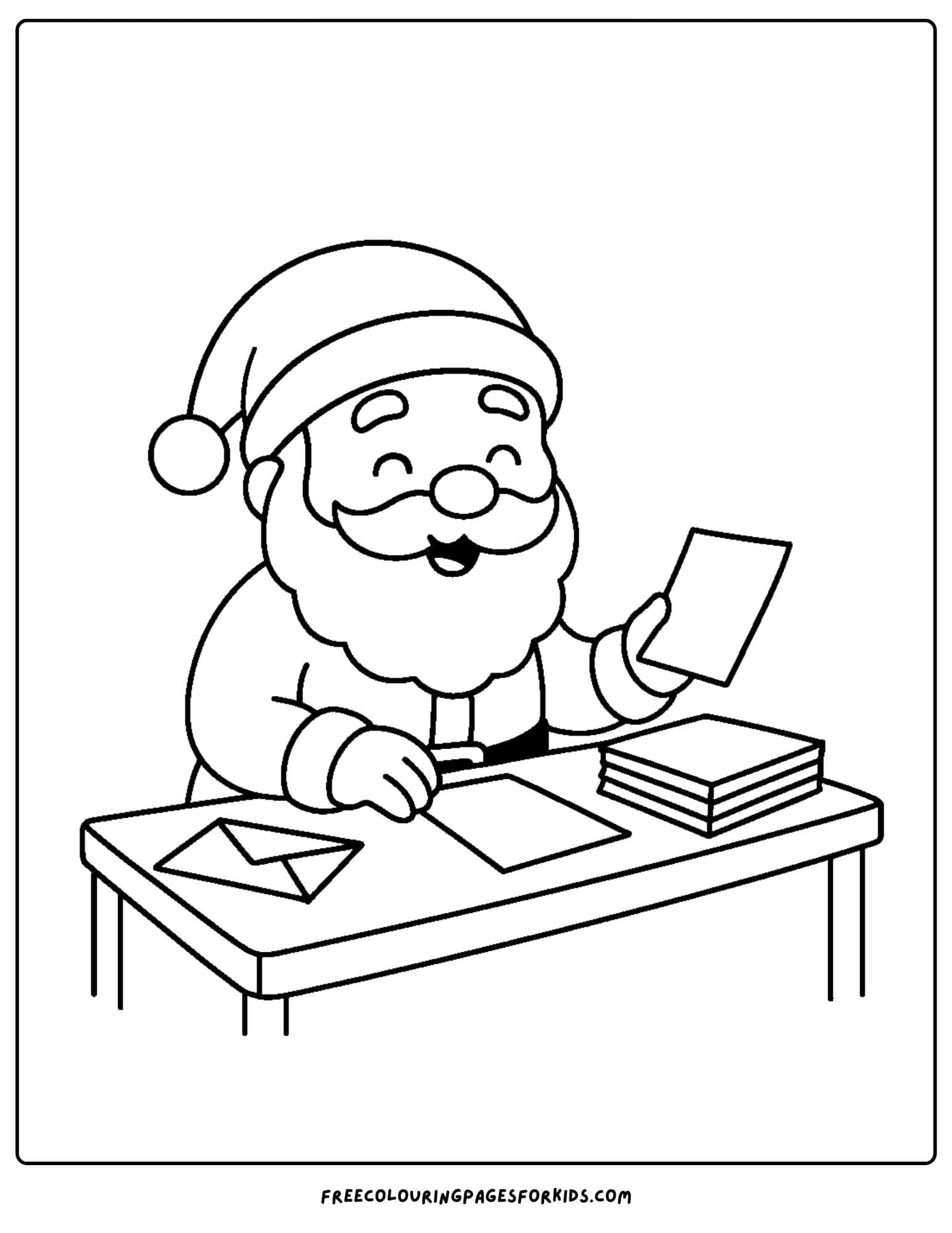 a santa coloring page featuring santa reading christmas letters