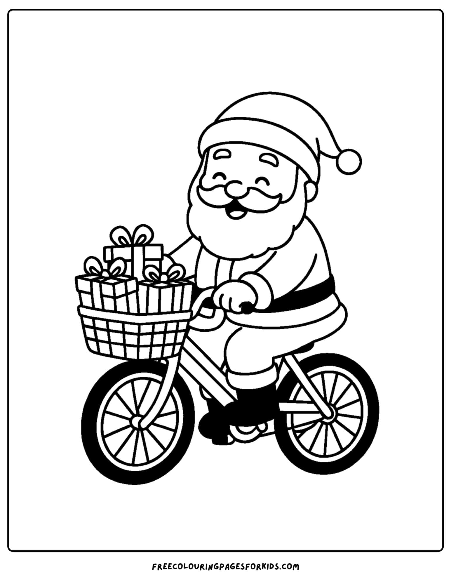 a santa coloring page featuring santa riding a bike delivering presents