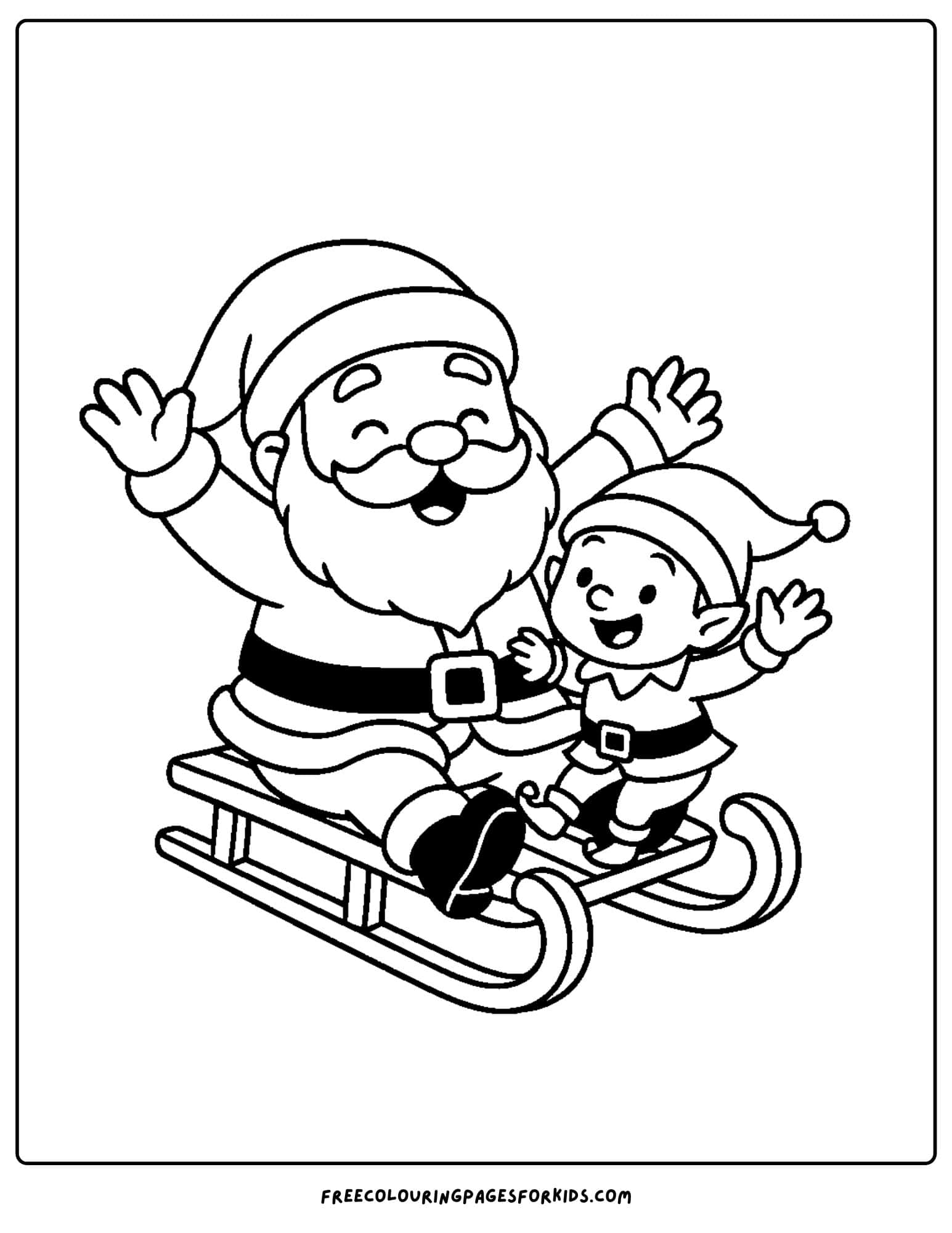 a santa coloring page featuring santa and an elf on a sled