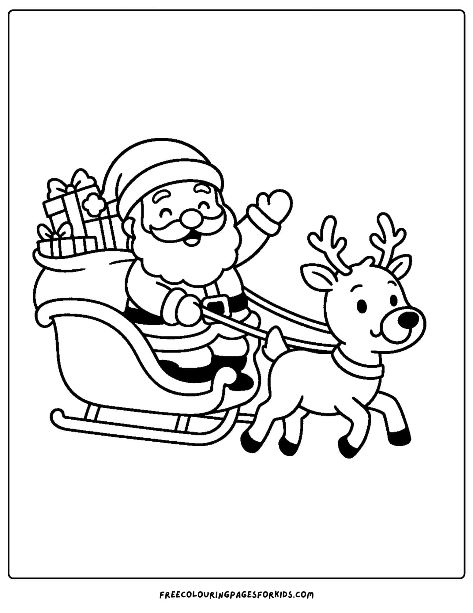 a santa coloring page featuring santa riding his sleigh with a reindeer