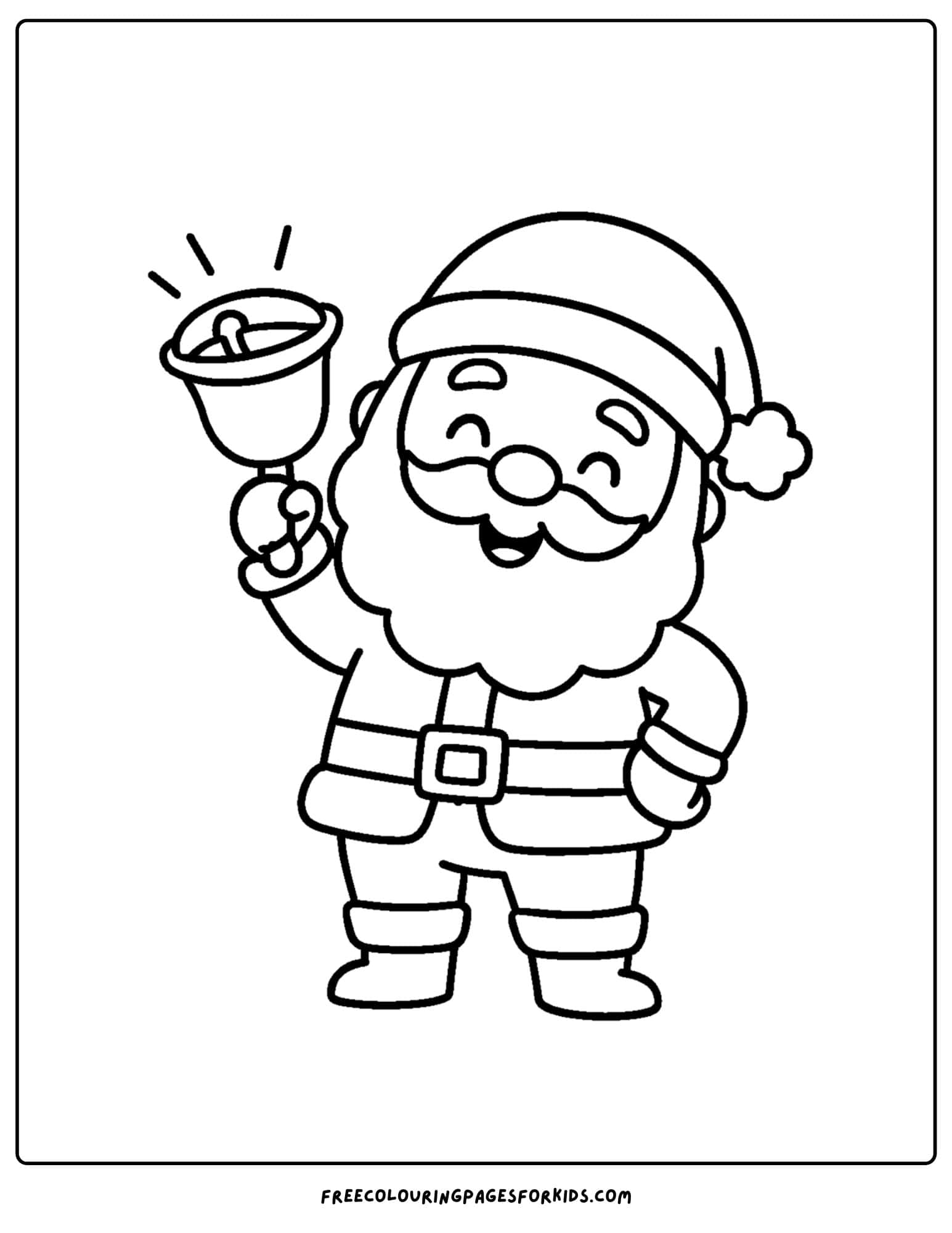 a santa coloring page featuring santa ringing a jingle bell