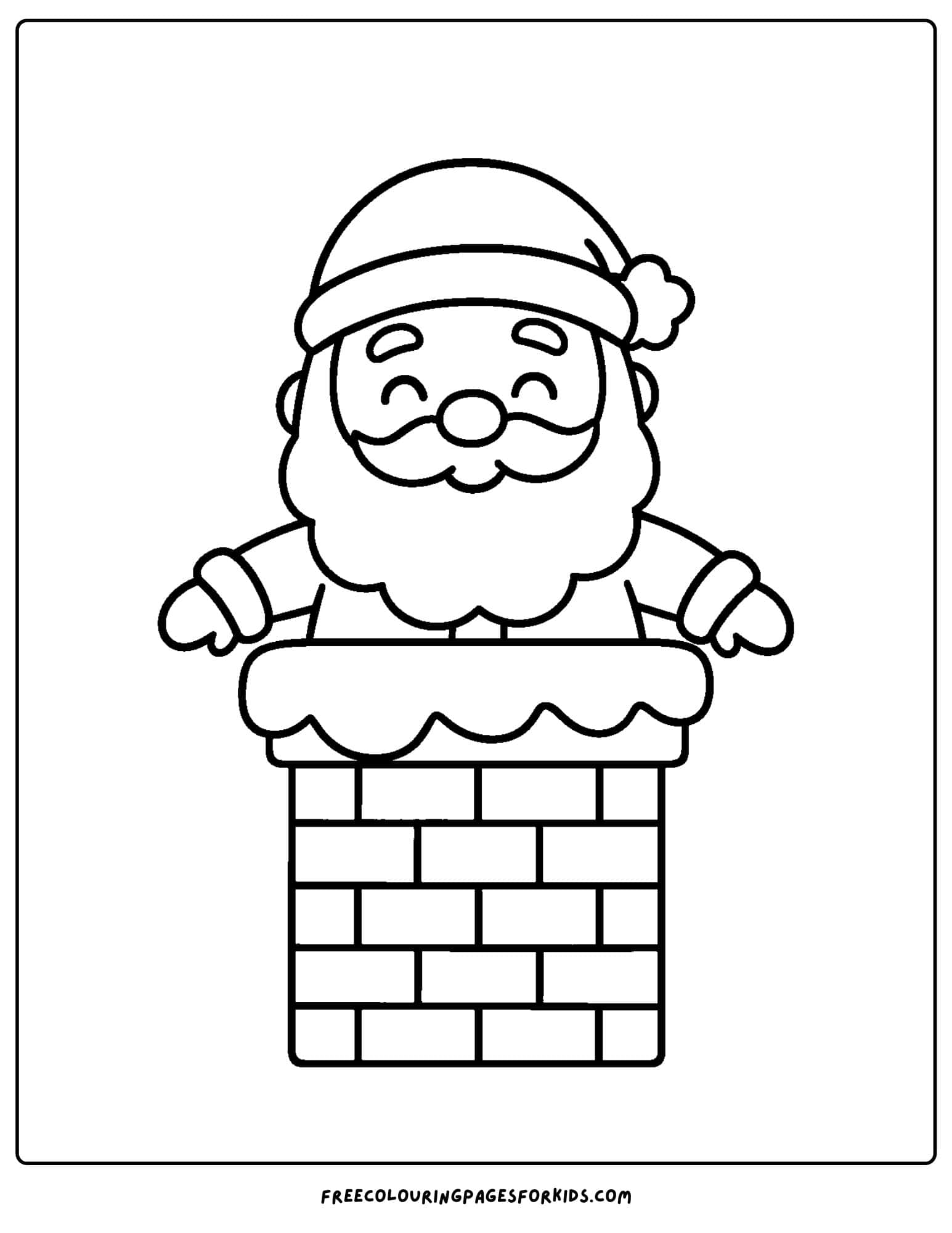 a santa coloring page featuring santa going down a chimney