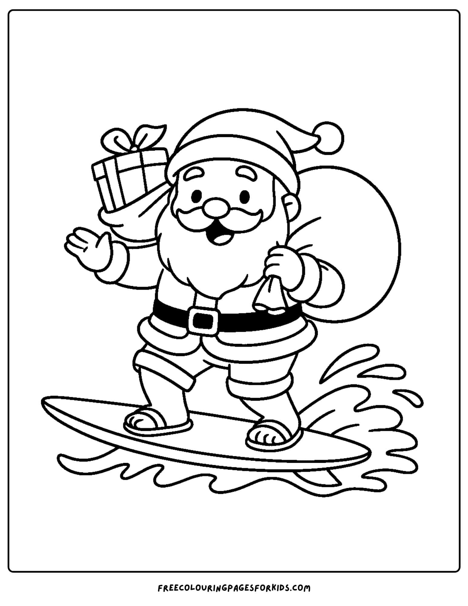 a santa coloring page featuring santa surfing while carrying presents