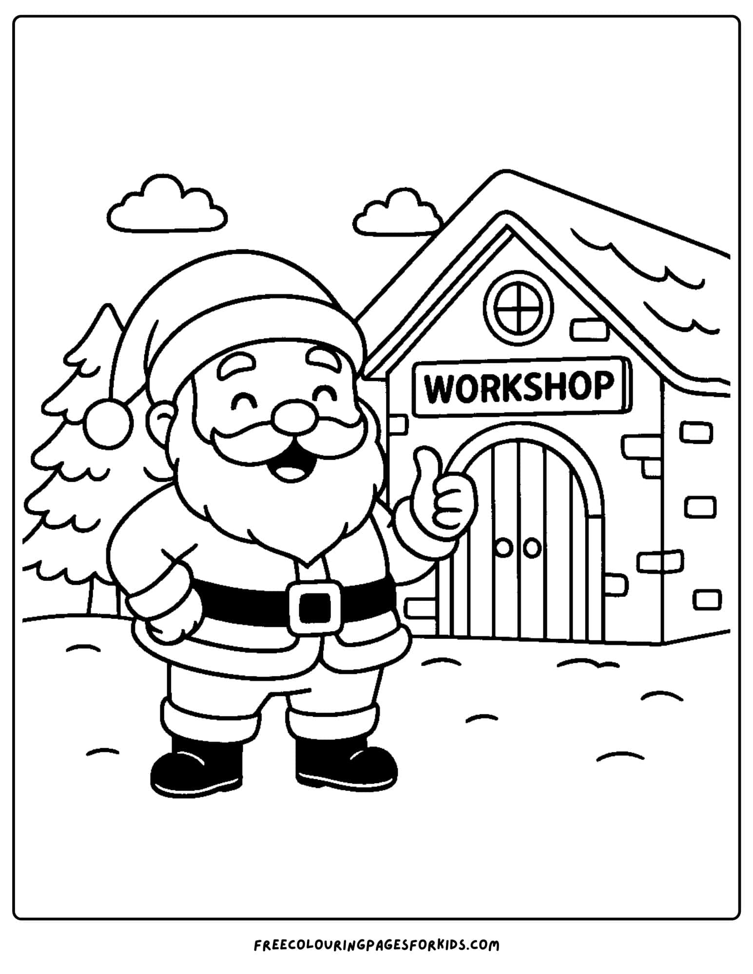 a santa coloring page featuring santa standing outside his workshop in the north pole