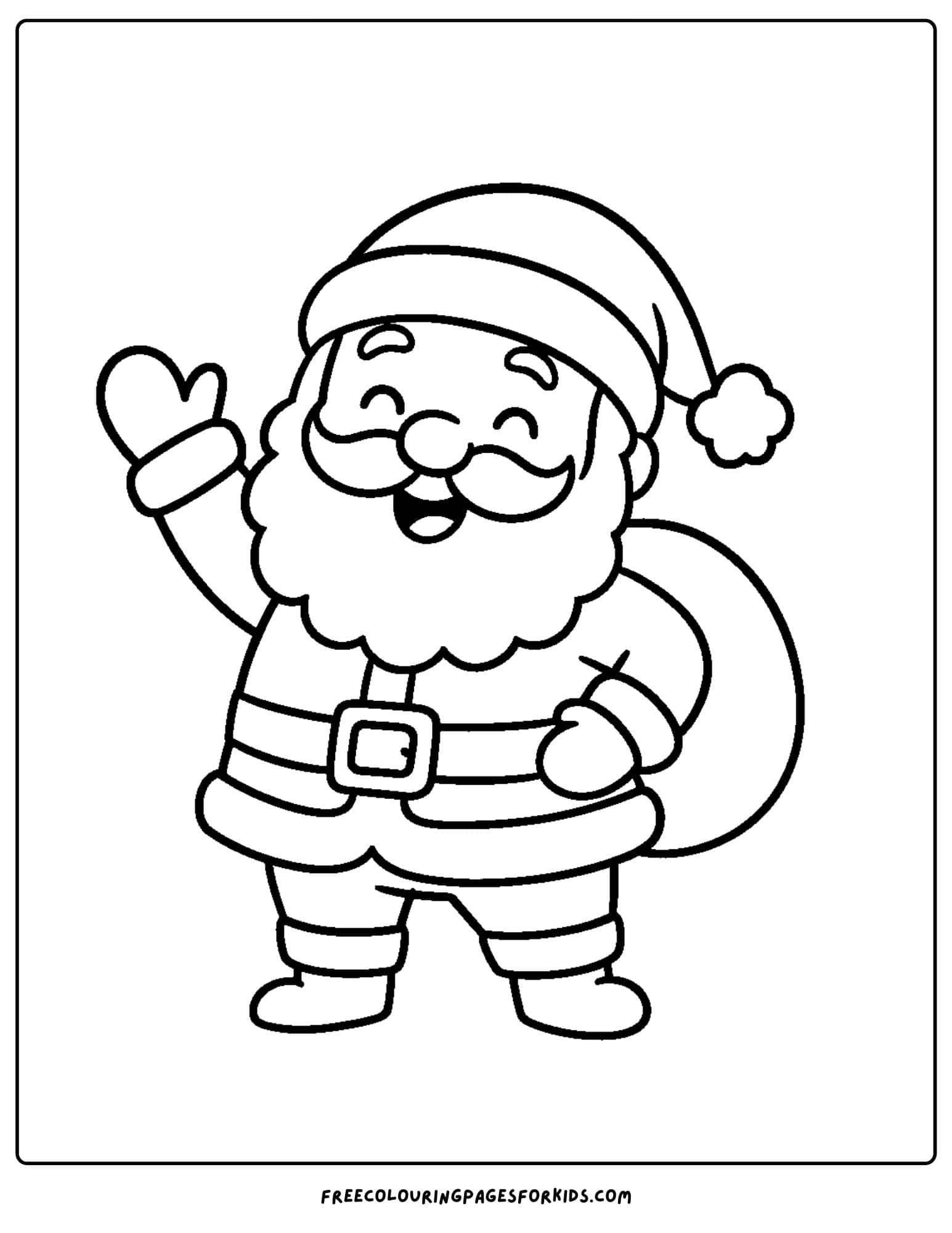 a santa coloring page featuring santa waving and smiling while holding a sack of presents