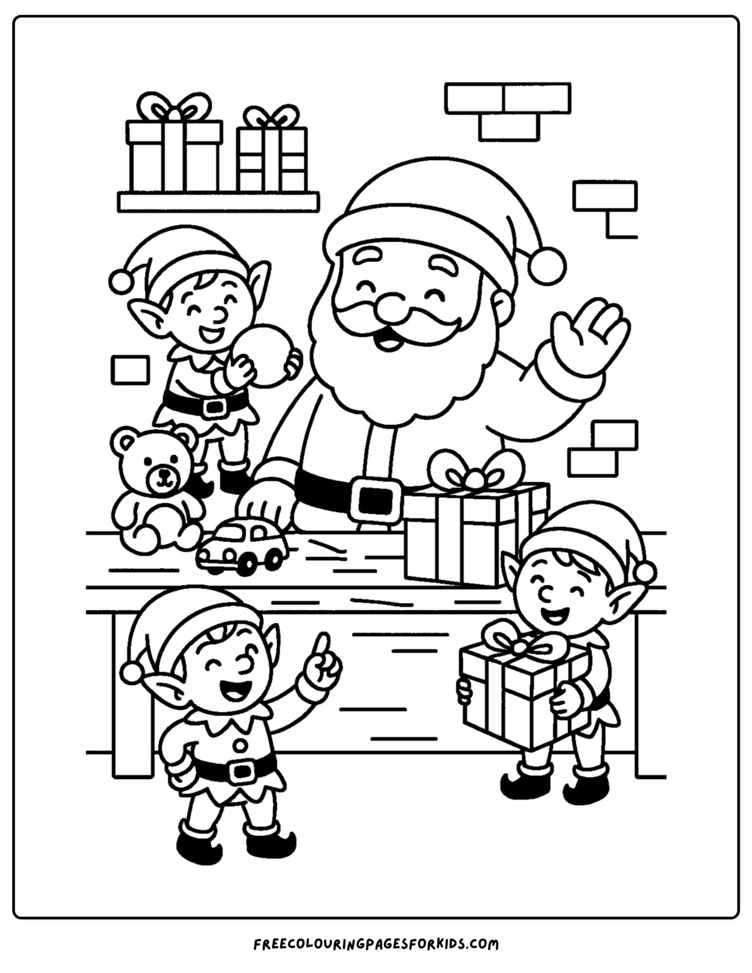 a santa coloring page featuring santa in his workshop with elves around