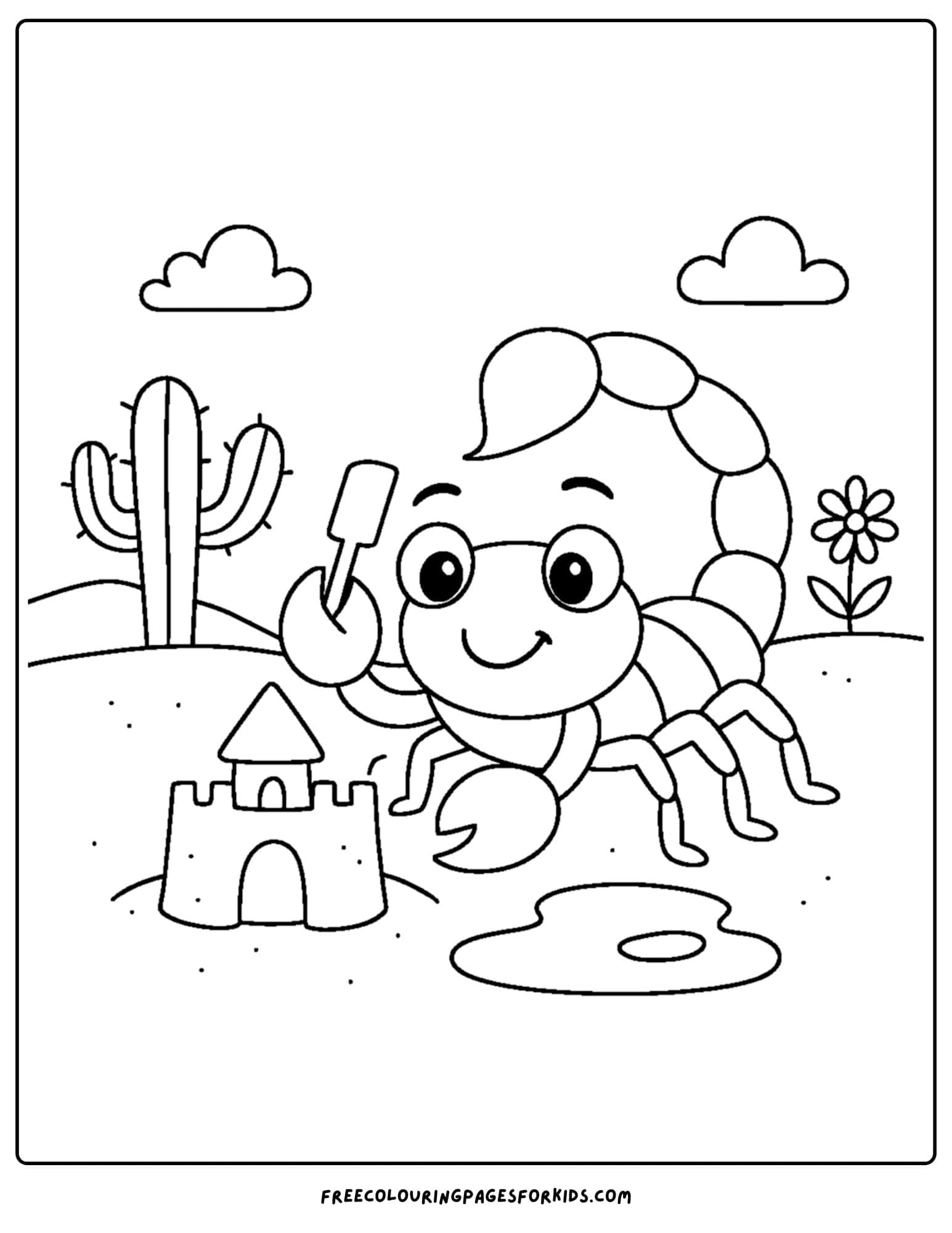 a scorpion coloring page featuring a scorpion building a sandcastle