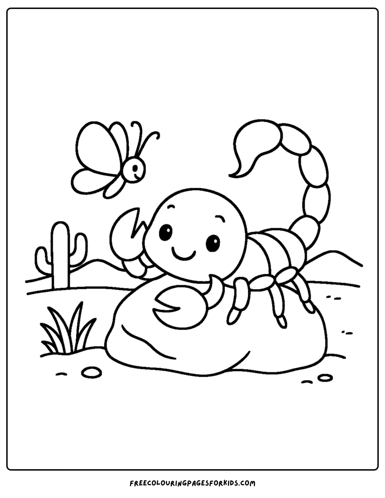a scorpion coloring page featuring a scorpion and a butterfly