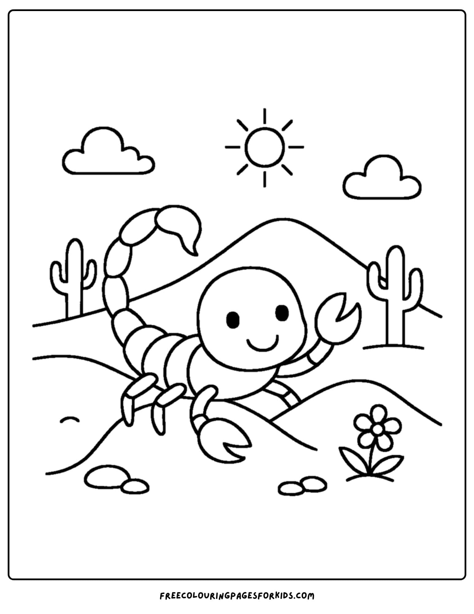a scorpion coloring page featuring a scorpion climbing a sand dune