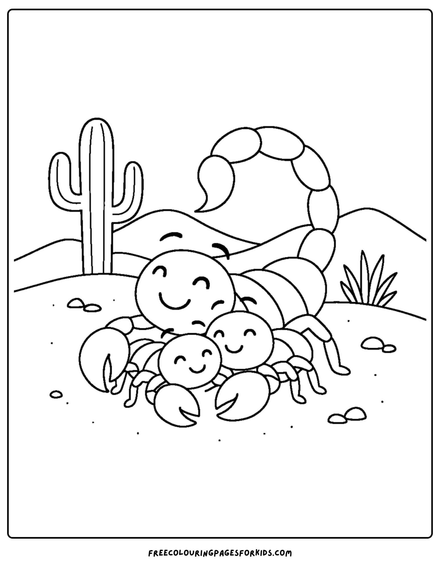 a scorpion coloring page featuring a scorpion family cuddling