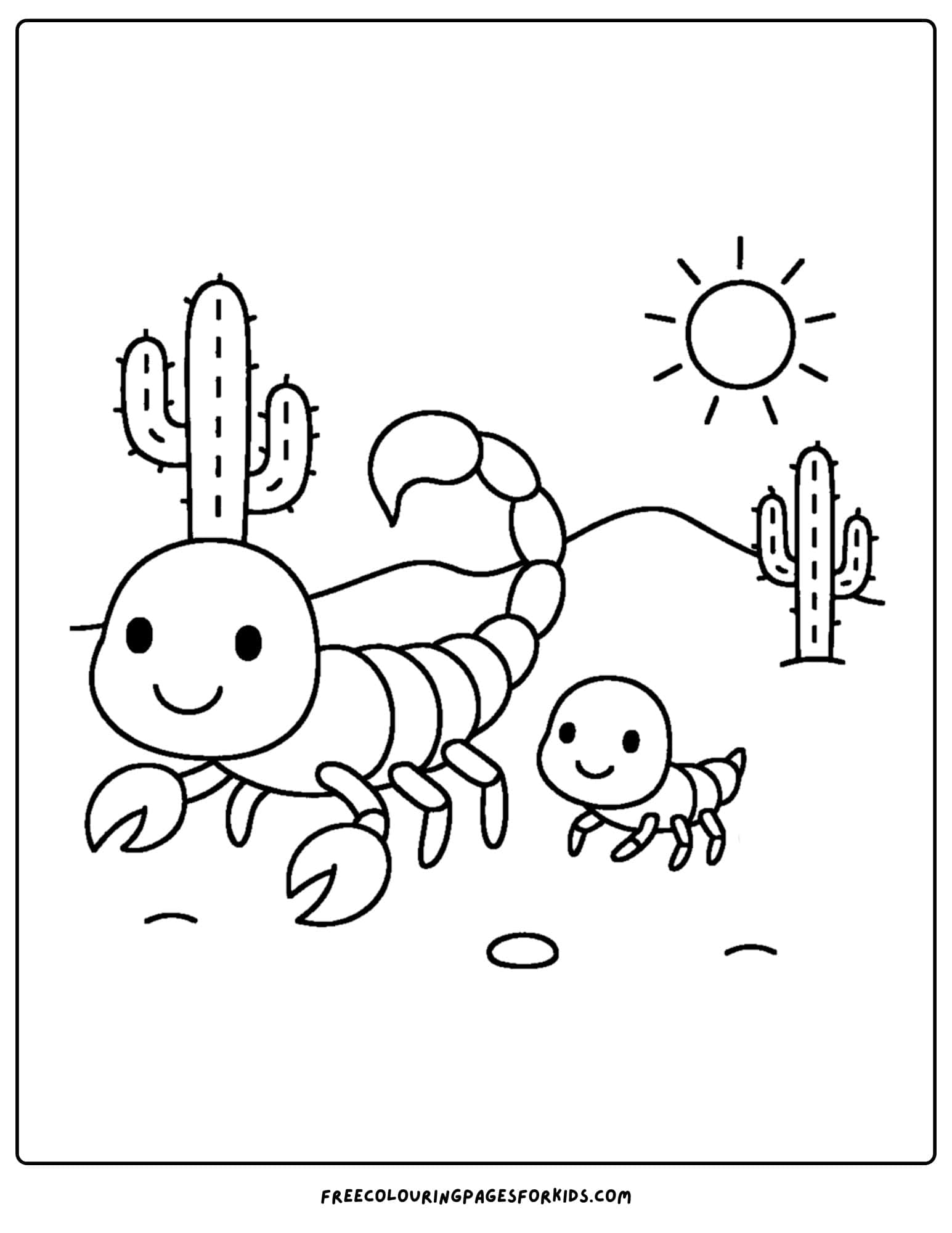 a scorpion coloring page featuring a scorpion family walking