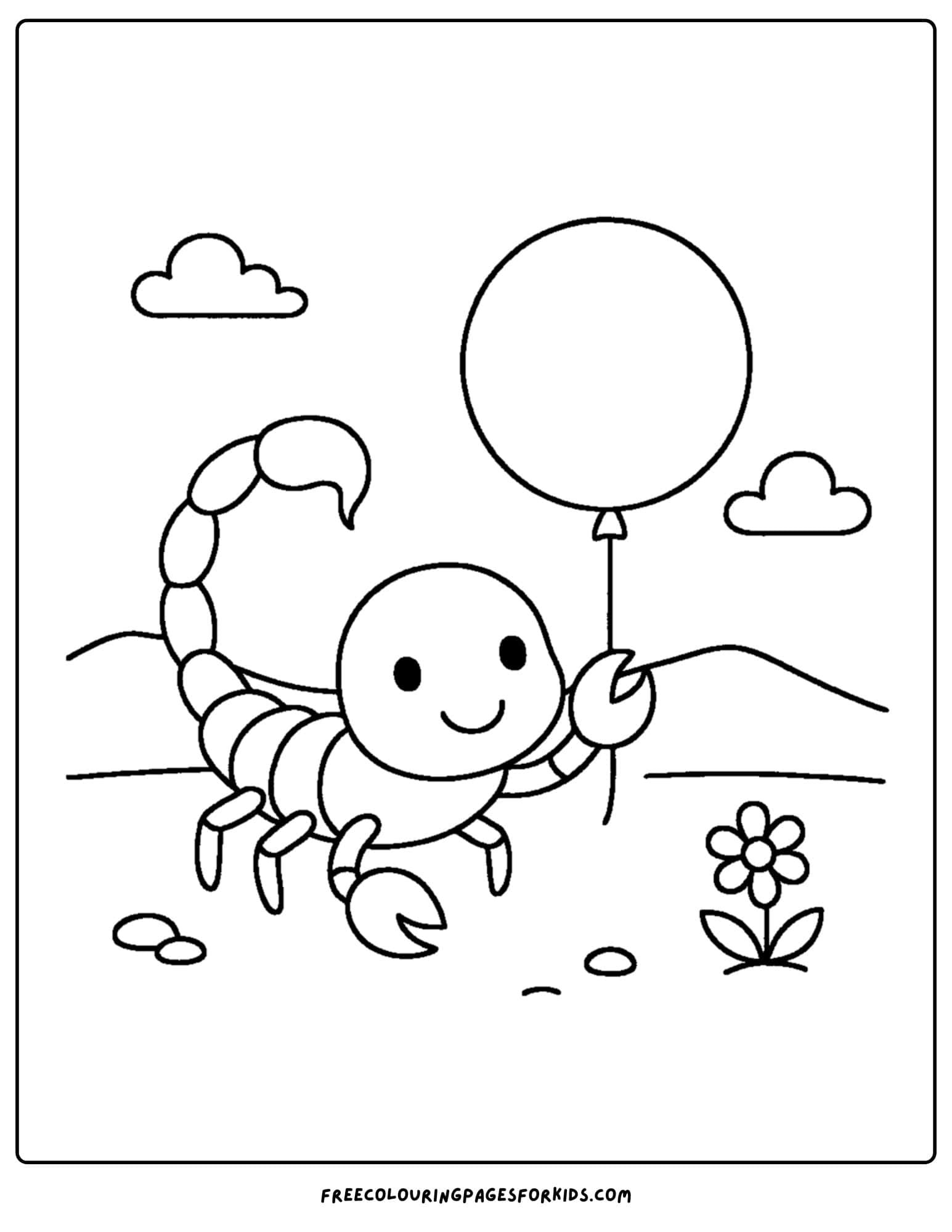 a scorpion coloring page featuring a scorpion holding a balloon