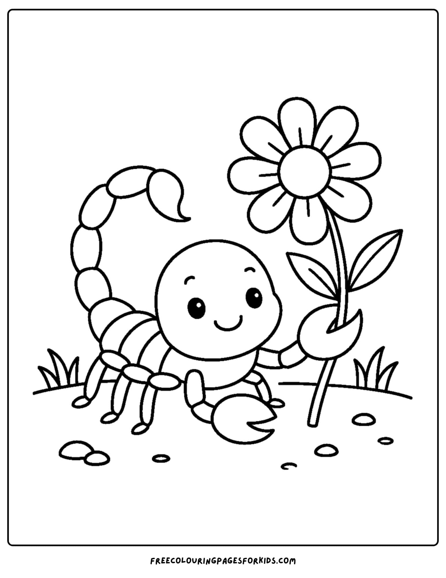 a scorpion coloring page featuring a scorpion holding a big flower