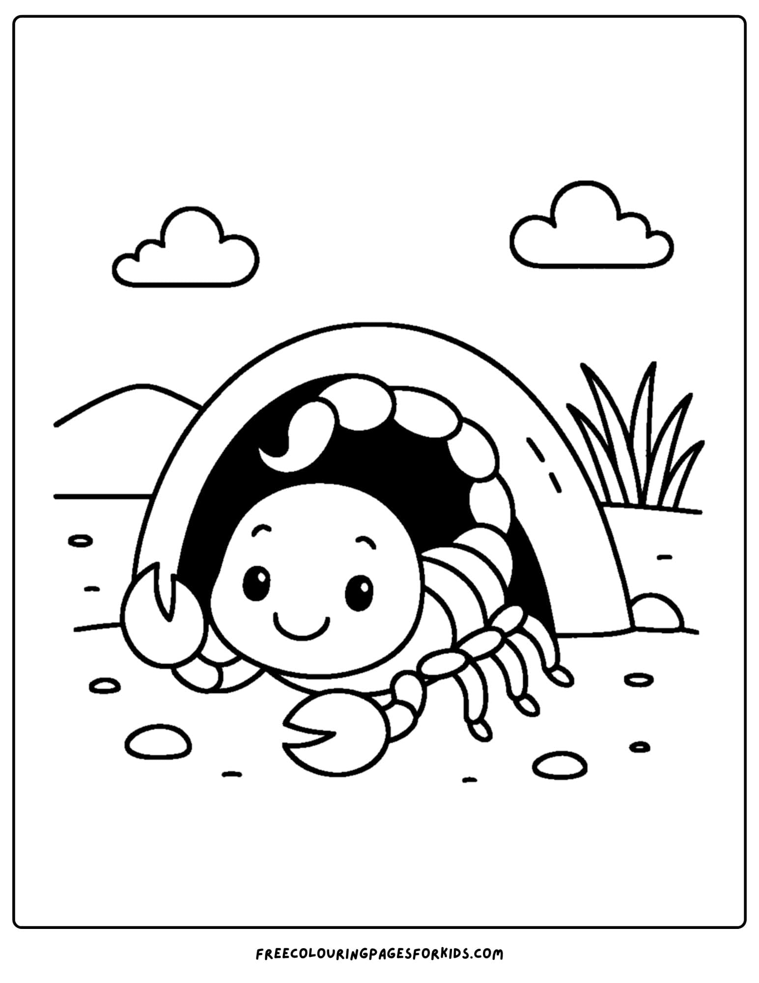 a scorpion coloring page featuring a scorpion coming out of a burrow