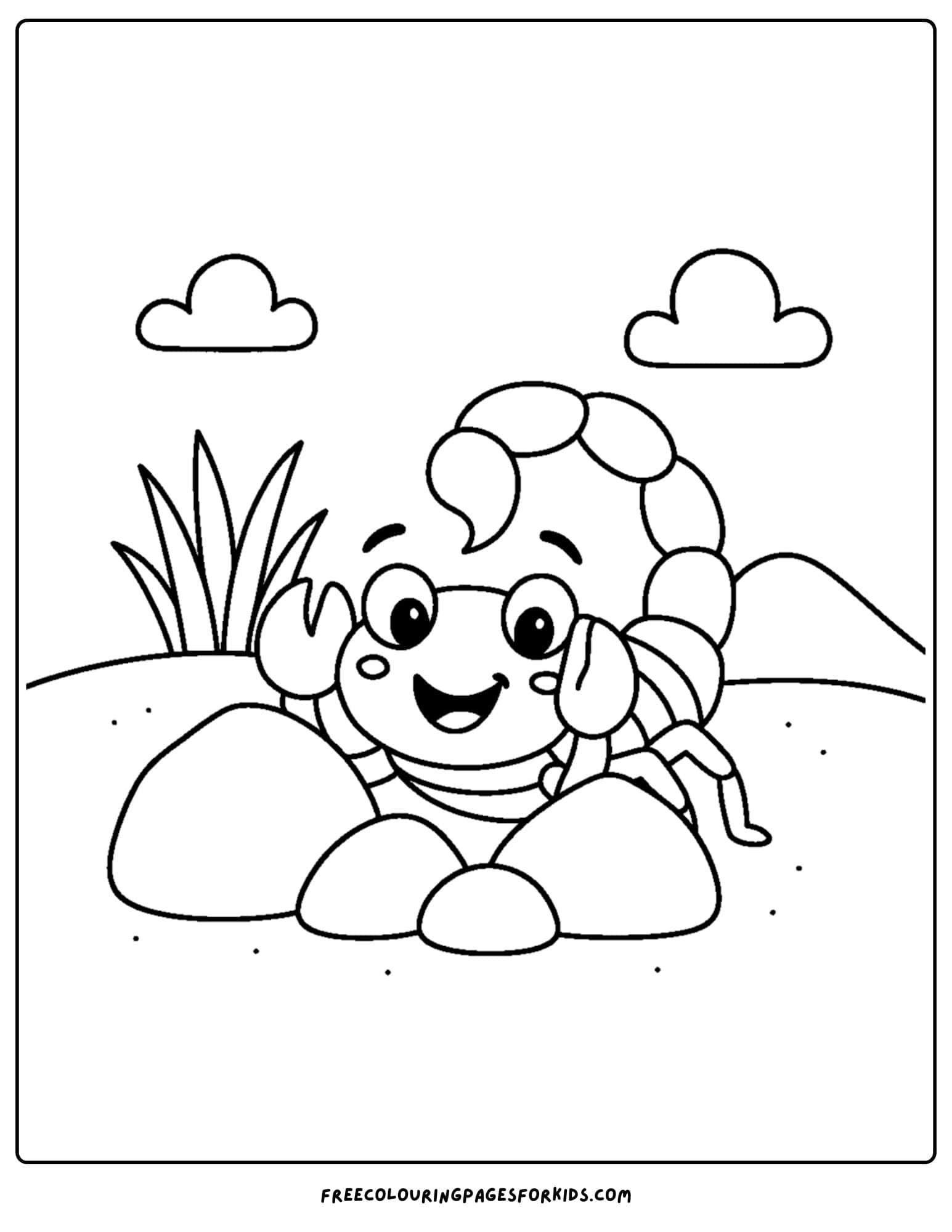 a scorpion coloring page featuring a scorpion playing peekaboo behind a rock