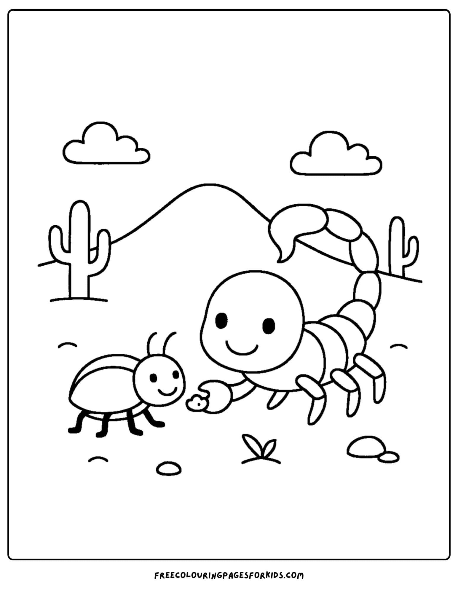 a scorpion coloring page featuring a scorpion sharing food with a beetle