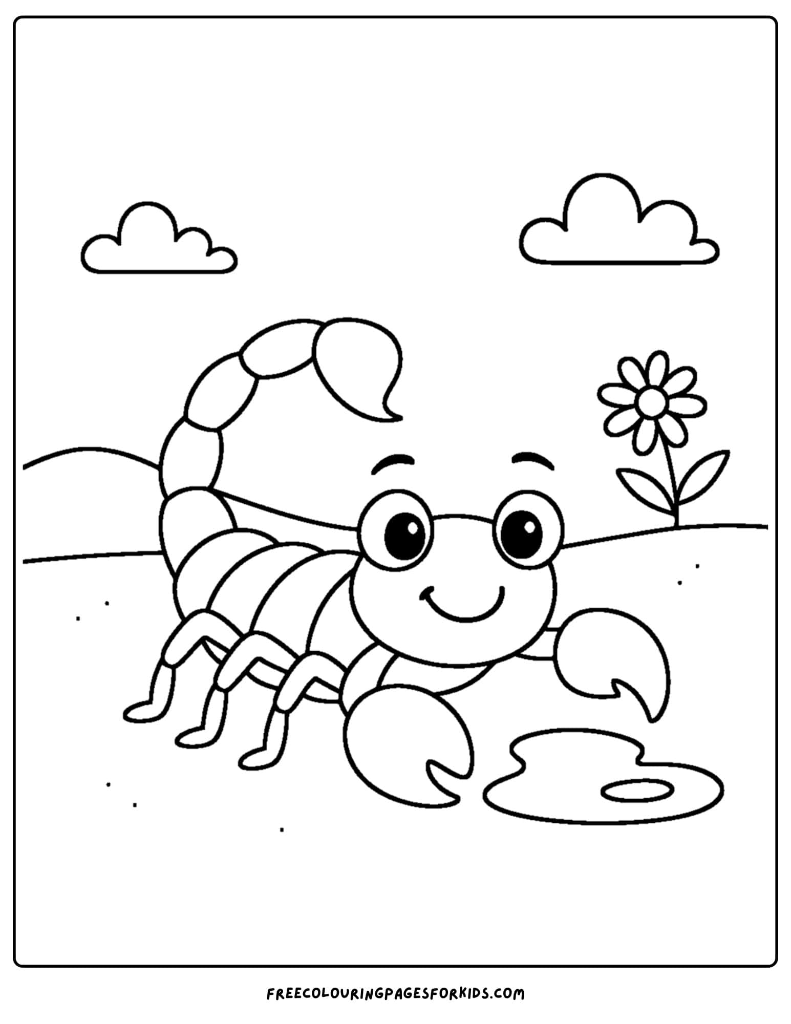 a scorpion coloring page featuring a scorpion near a puddle of water