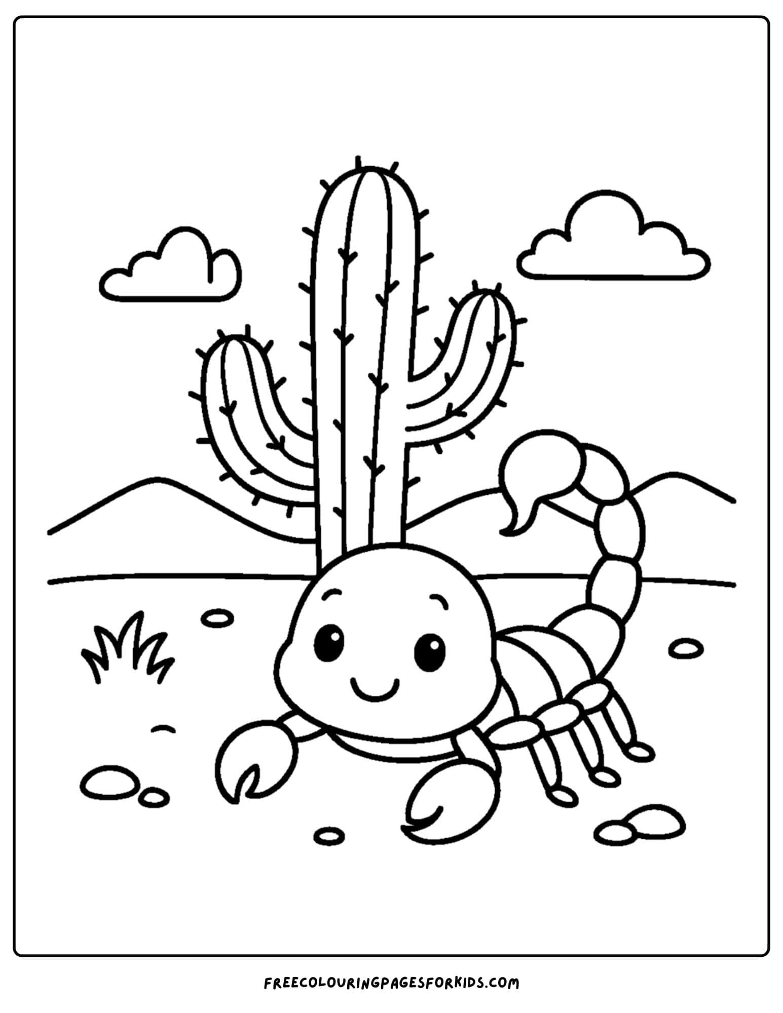 a scorpion coloring page featuring a scorpion sitting next to a cactus