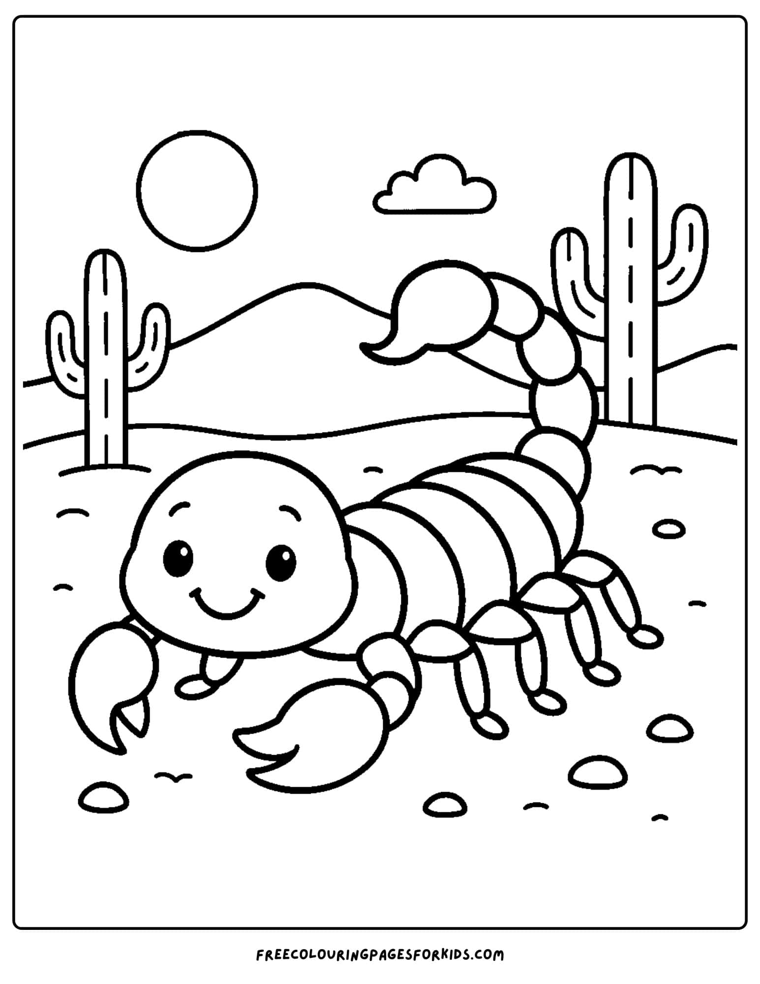 a scorpion coloring page featuring a scorpion smiling in the desert