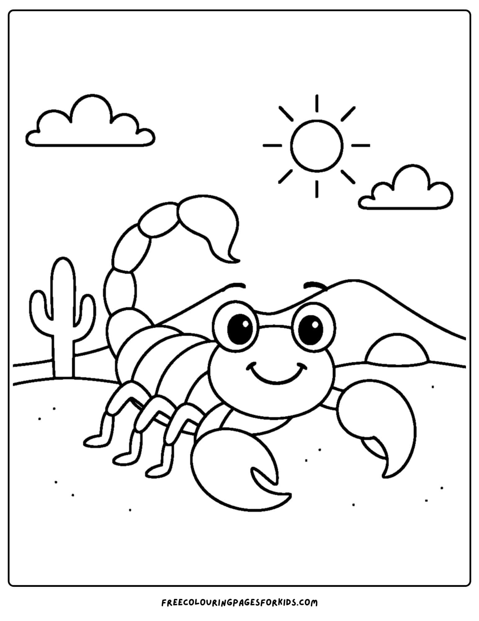a scorpion coloring page featuring a scorpion smiling under the sun