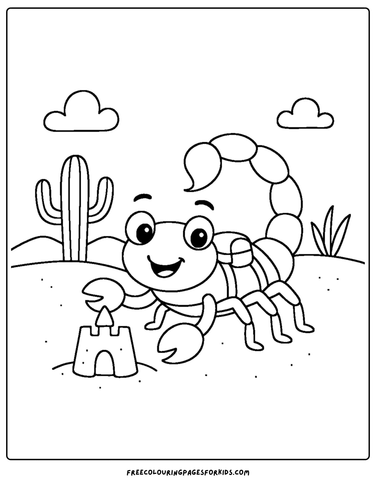 a scorpion coloring page featuring a scorpion with a tiny backpack and a sandcastle