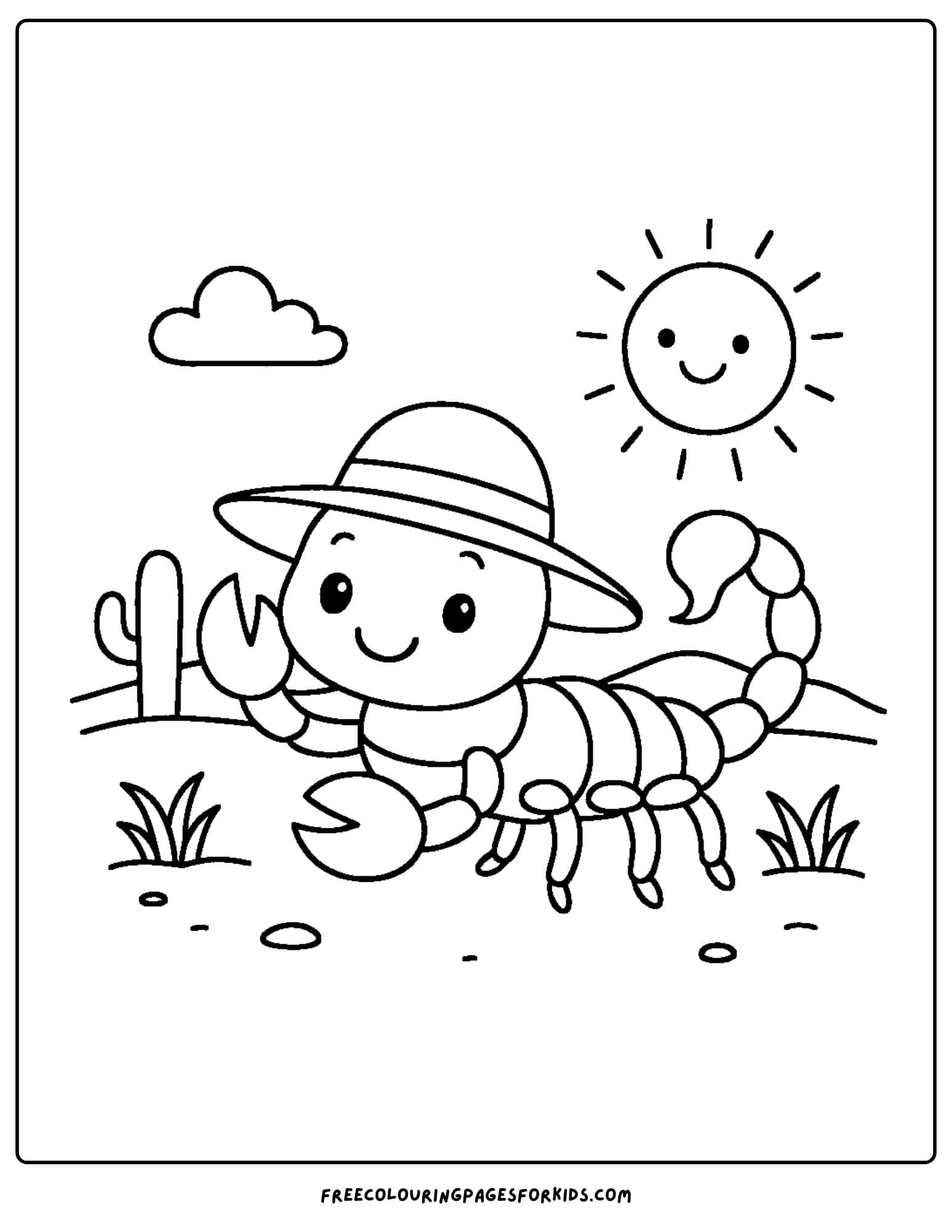 a scorpion coloring page featuring a scorpion wearing a hat on a hot day in the sun