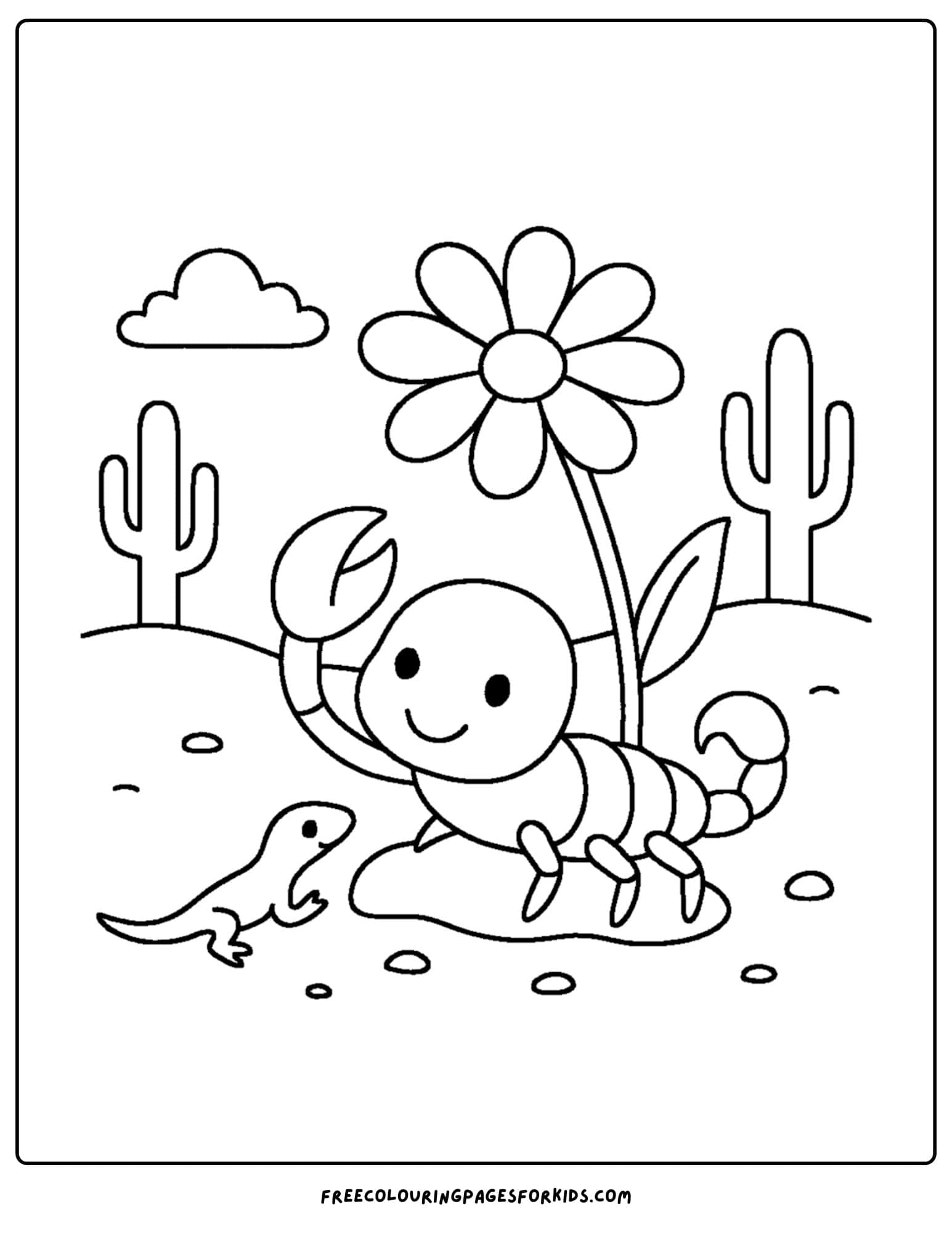 a scorpion coloring page featuring a scorpion under a desert flower with a lizard