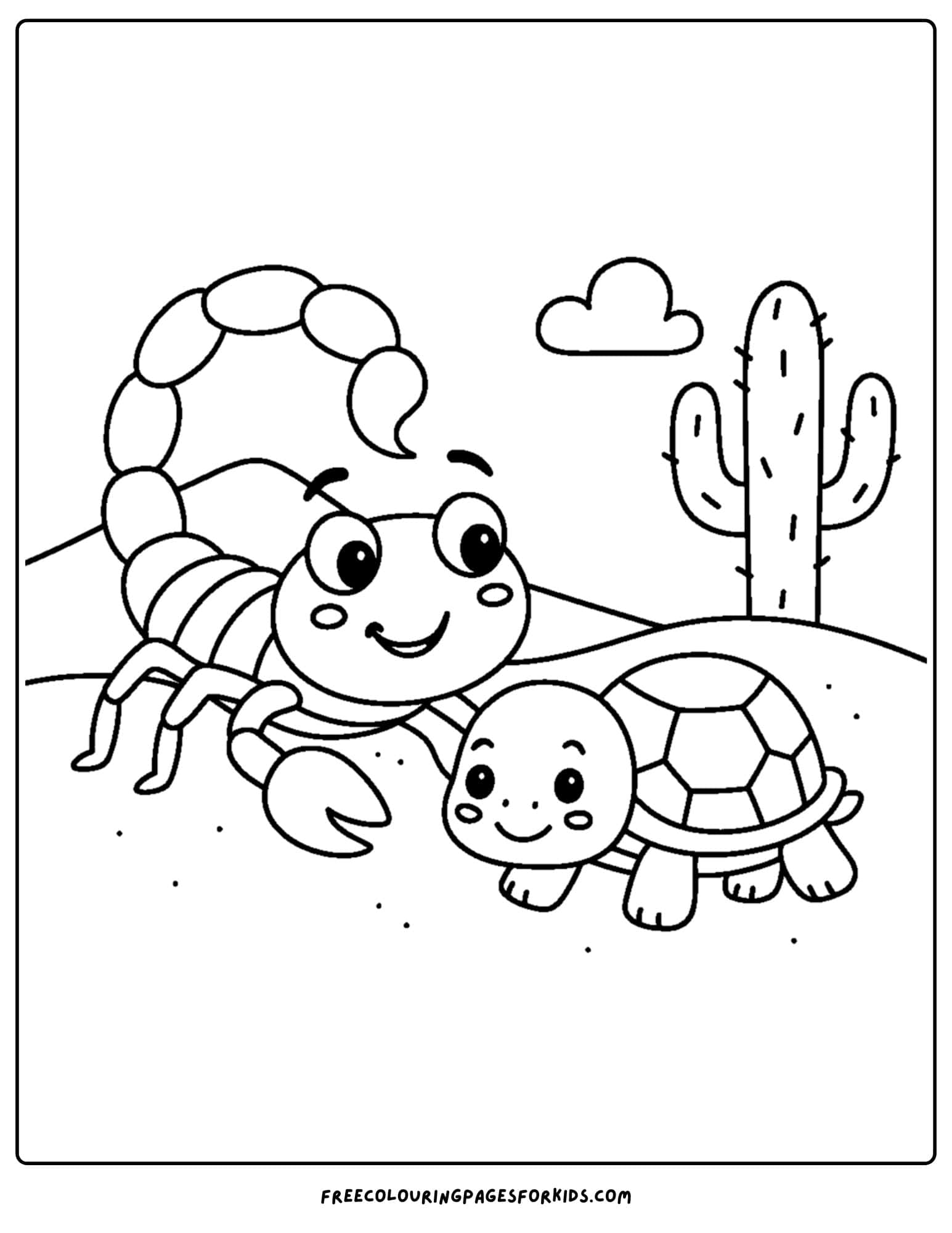 a scorpion coloring page featuring a scorpion and a turtle together