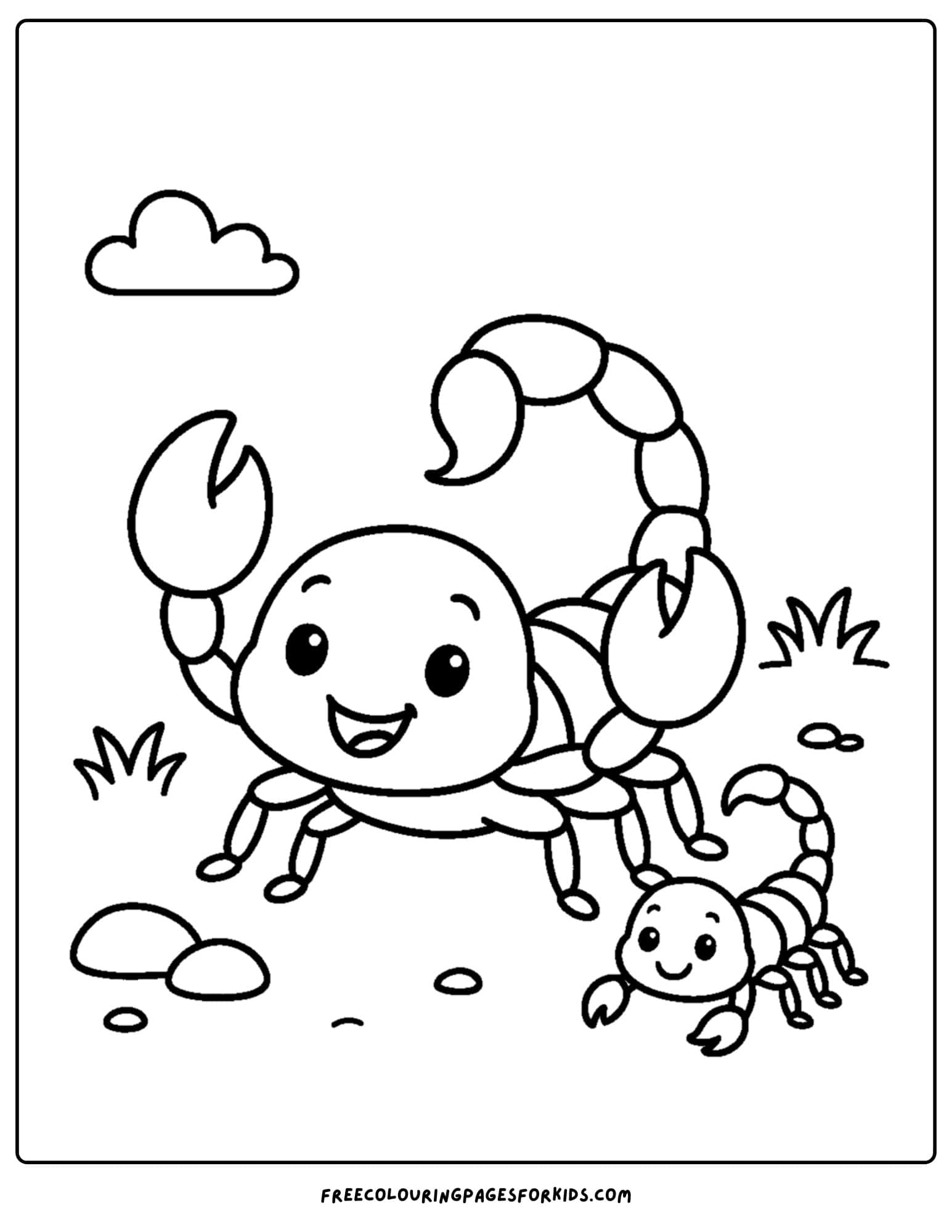 a scorpion coloring page featuring a scorpion and its baby waving