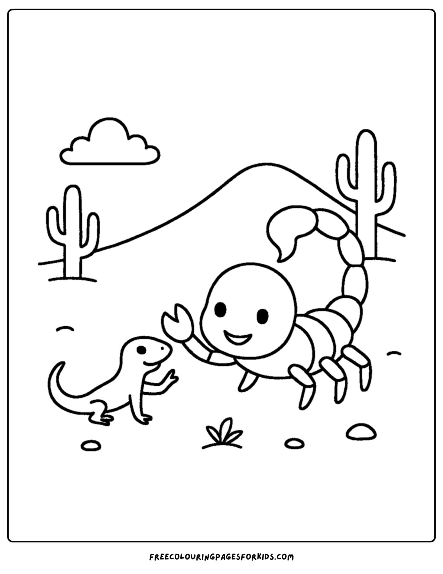 a scorpion coloring page featuring a scorpion waving to a lizard