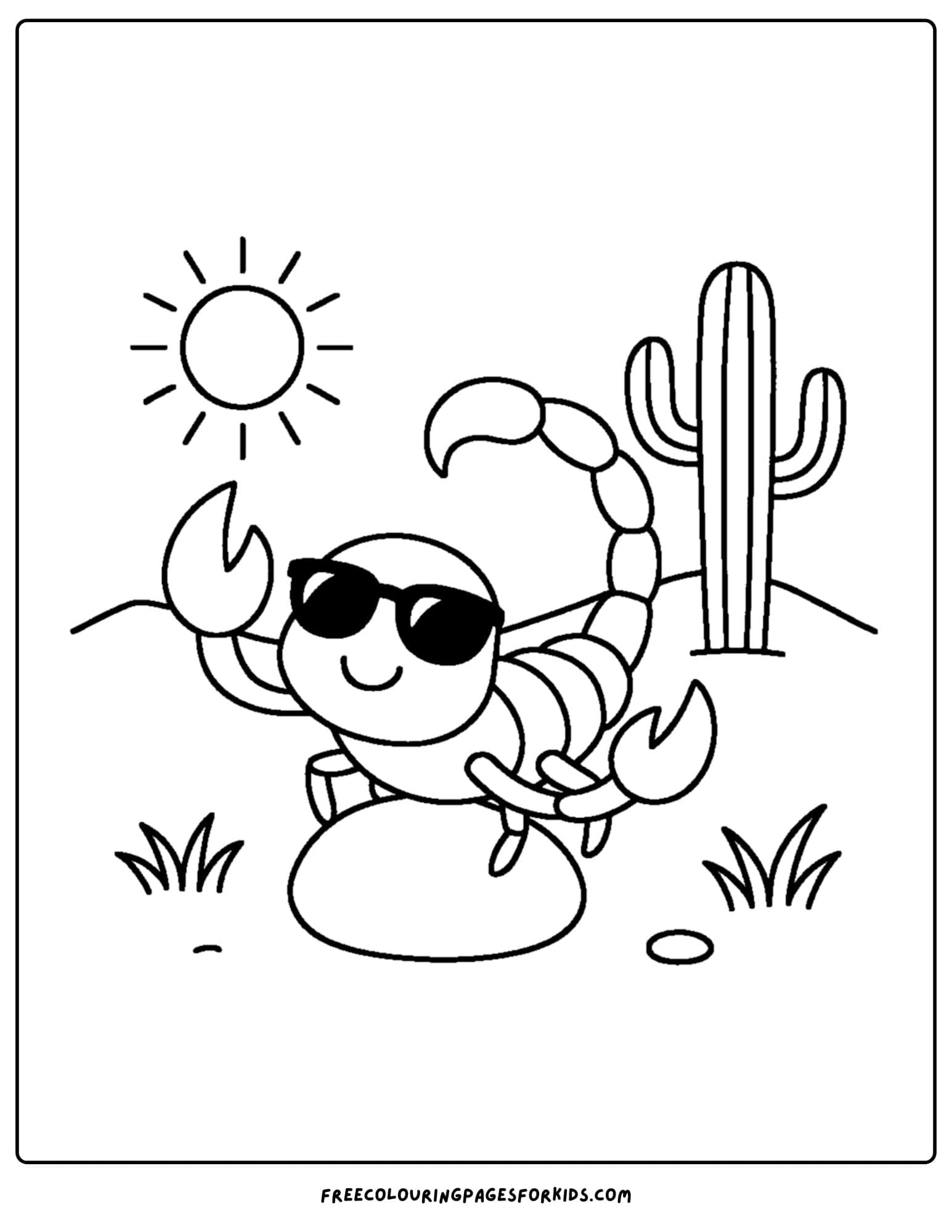 a scorpion coloring page featuring a scorpion wearing sunglasses in the desert
