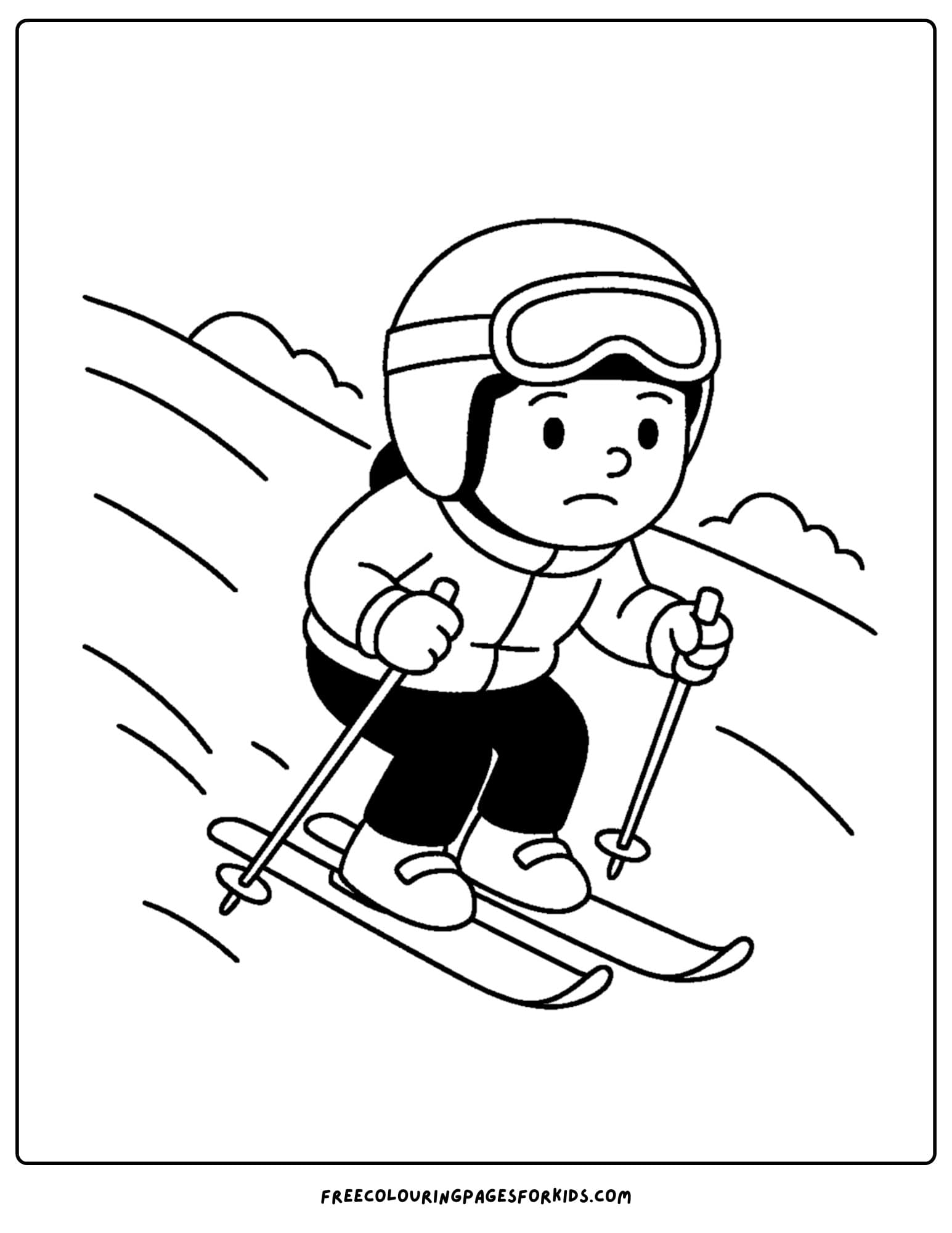 a skiing coloring page featuring a skier on a bunny slope