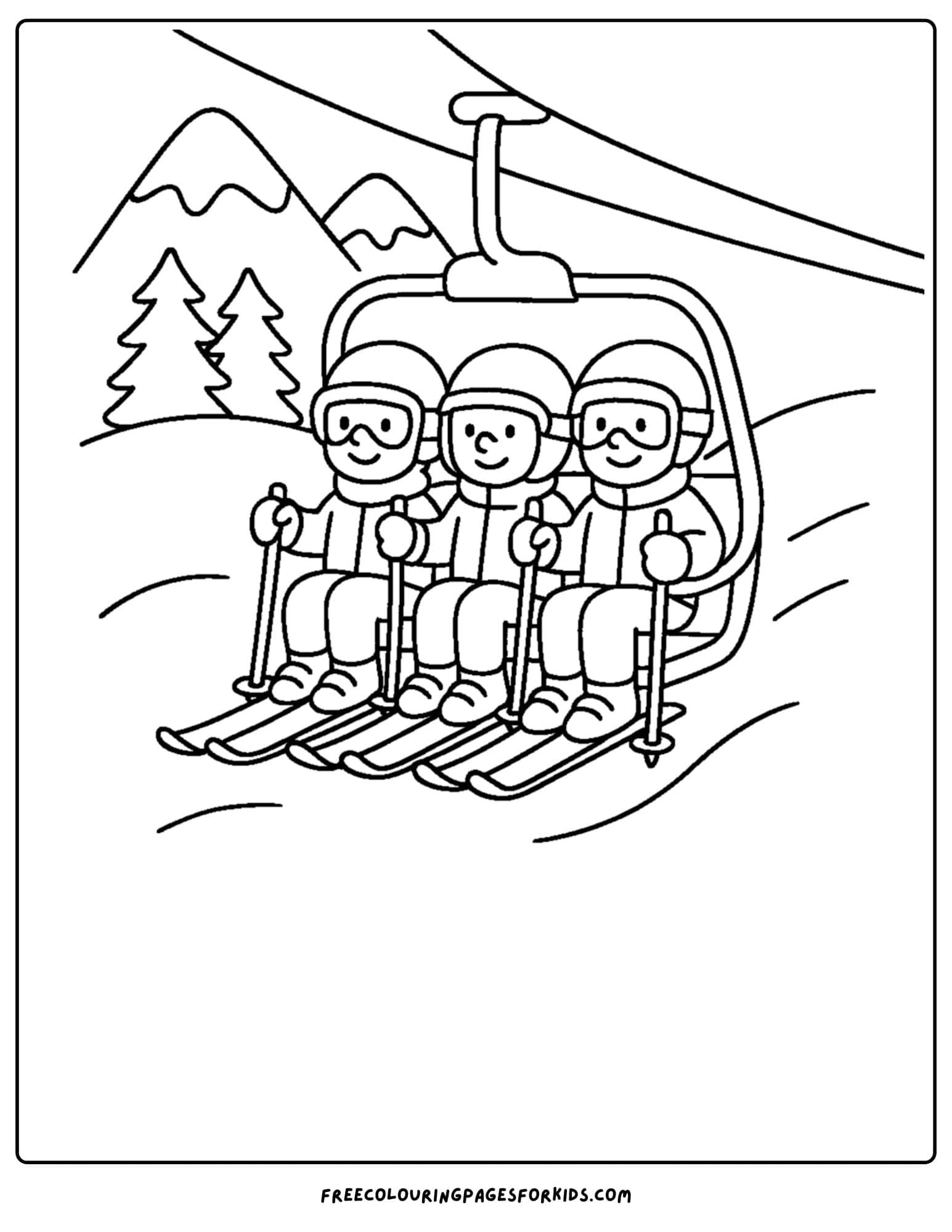 a skiing coloring page featuring skiers on a chairlift