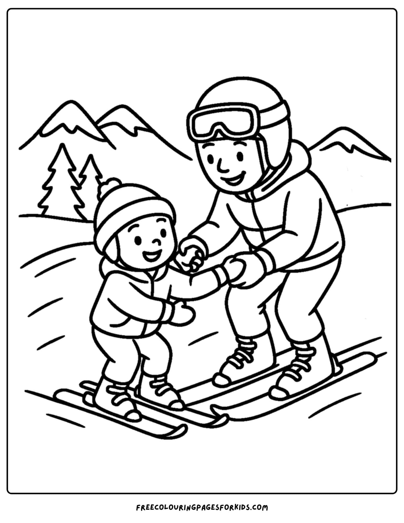 a skiing coloring page featuring a child learning to ski with an instructor