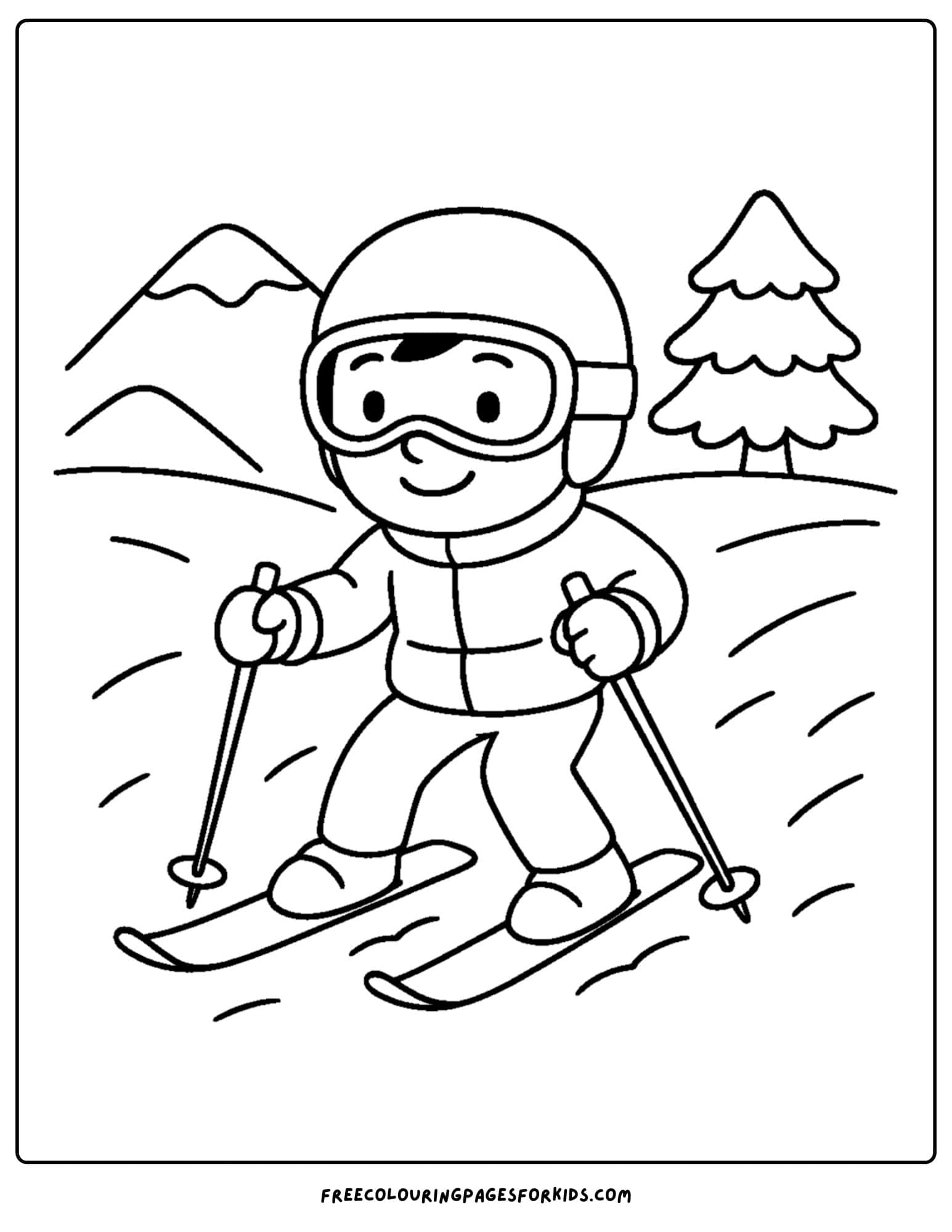 a skiing coloring page featuring a child skiing down the slope