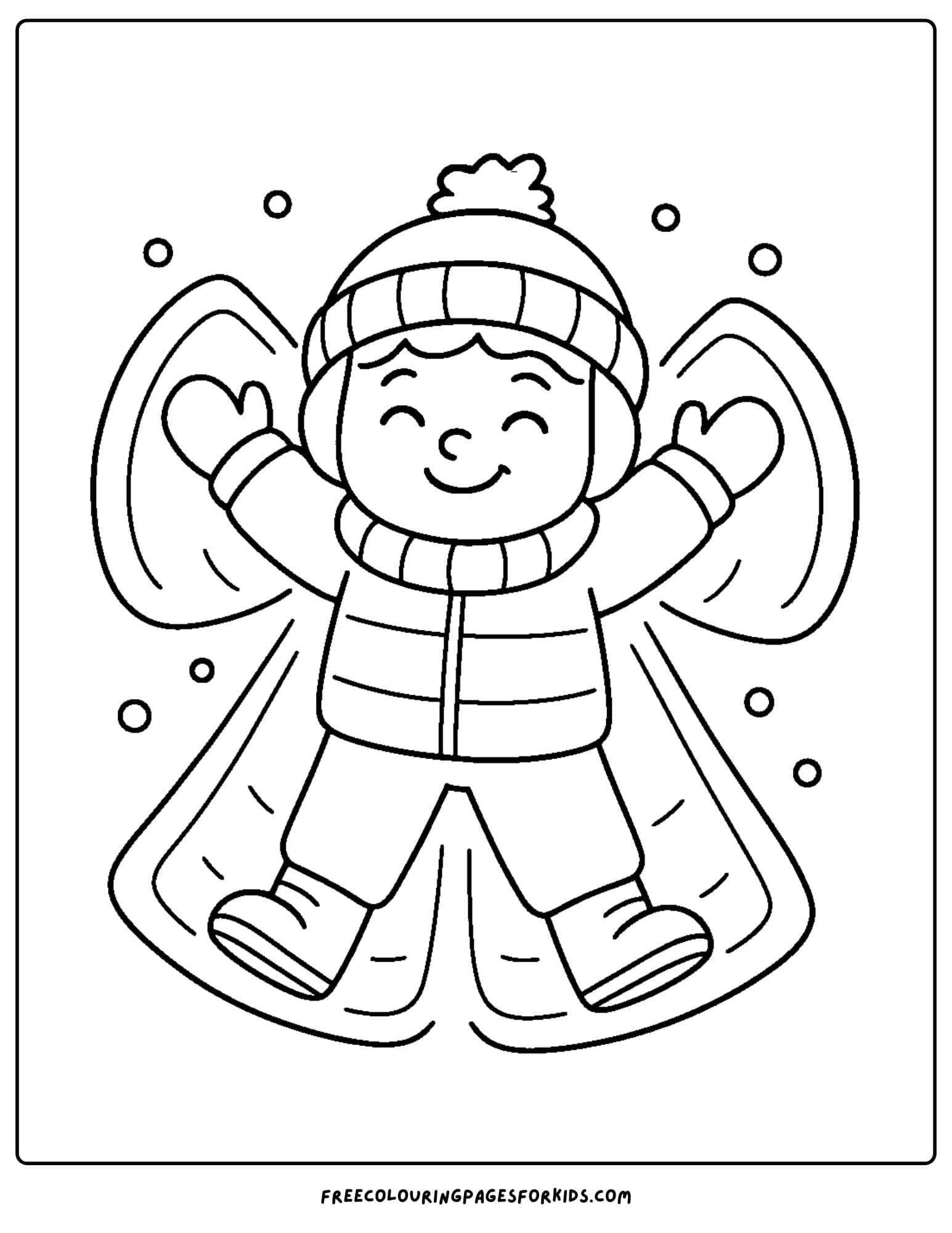 a skiing coloring page featuring a child making a snow angel