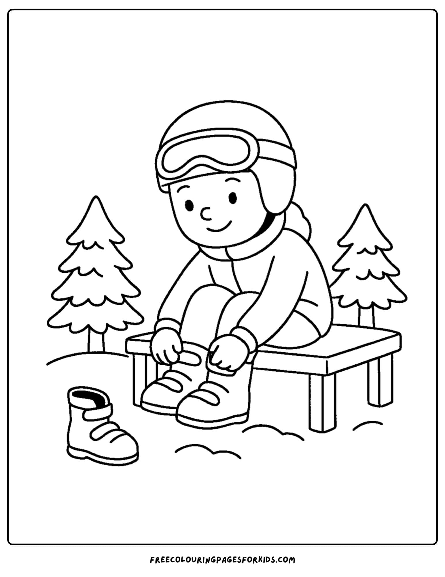 a skiing coloring page featuring a child putting on ski boots